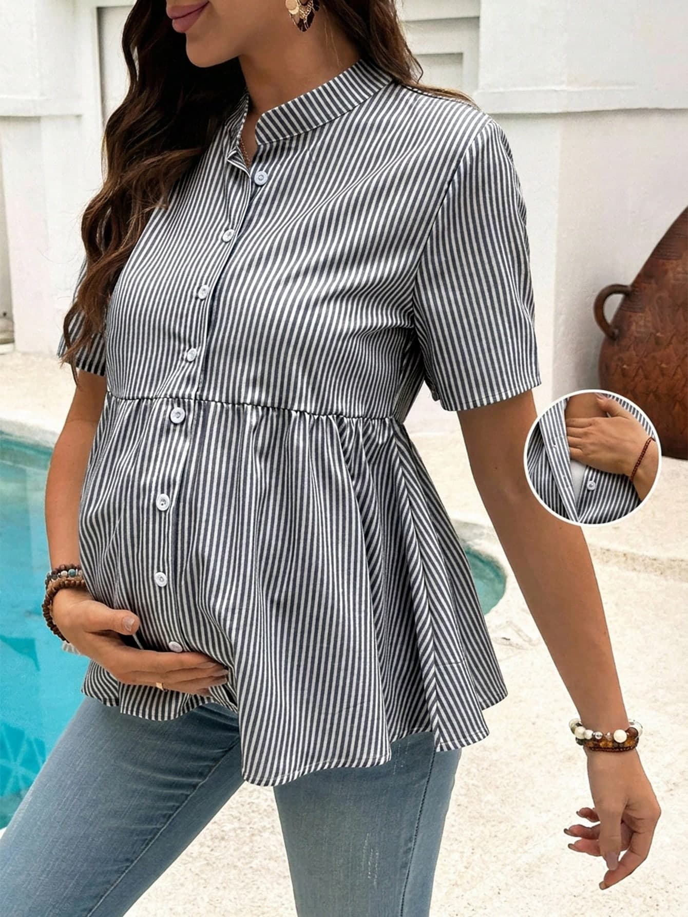 SHEIN Maternity Summer Casual Commuting Contrast Stripe Print Short Sleeve Nursing Shirt
