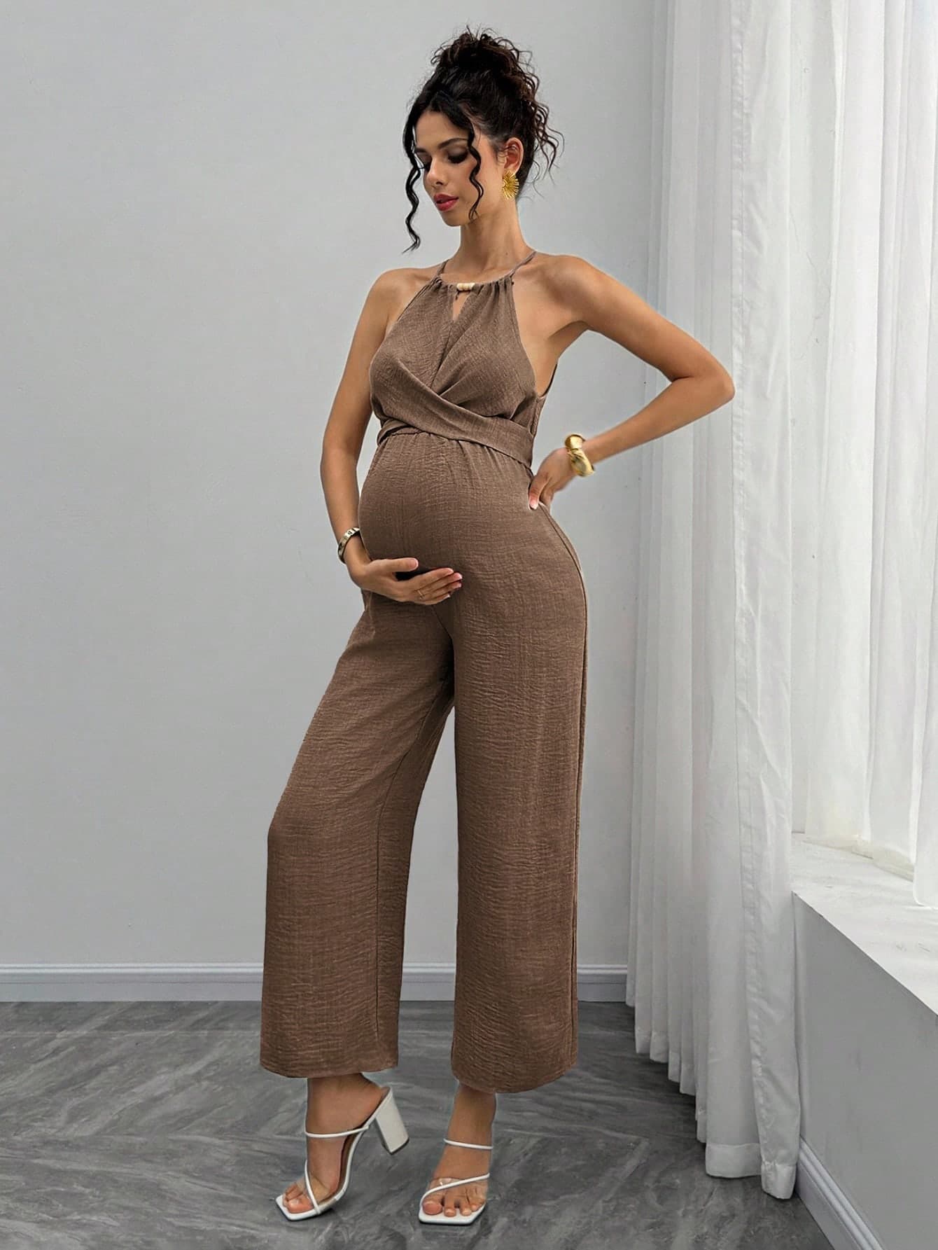 Momance Summer Elegant Maternity Jumpsuit,Wooden Bead Halter Neck,Tie Front Waist,Full Length Pants,Pregnant Women Outfit,Baby Shower Guest Pregnancy Clothes