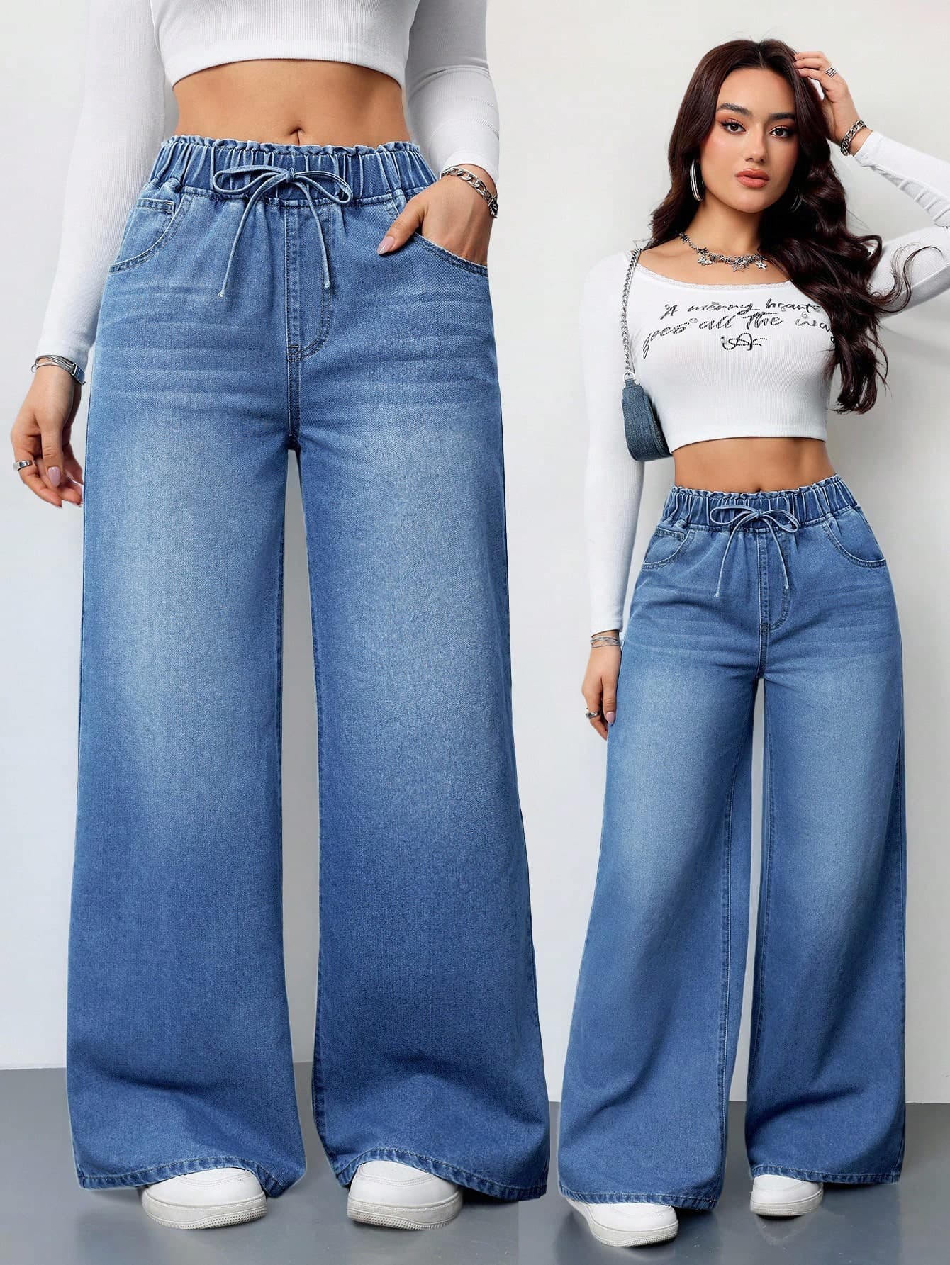 SHEIN Tall Women's Jeans Casual High Waist Wide Leg Trousers Light Blue Summer Clothing Elastic Waistband Loose Straight Pants, Tall Women Travel
