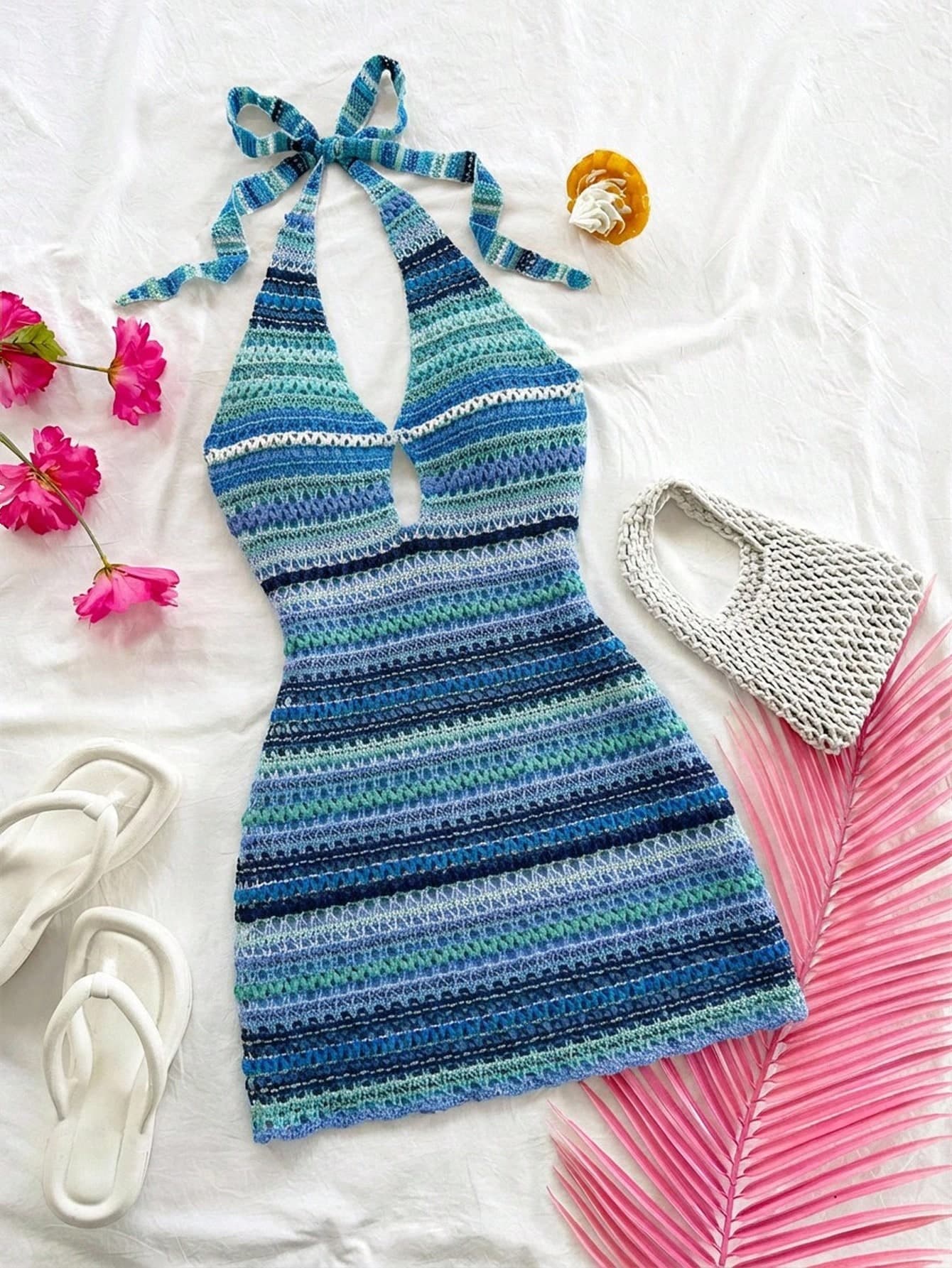 Soleia Women's Navy Blue Summer Boho Holiday Vacation Holiday Striped Halter Mini Dress,Elegant Bohemian Tropical Backless Strapless Beach Wedding Guest