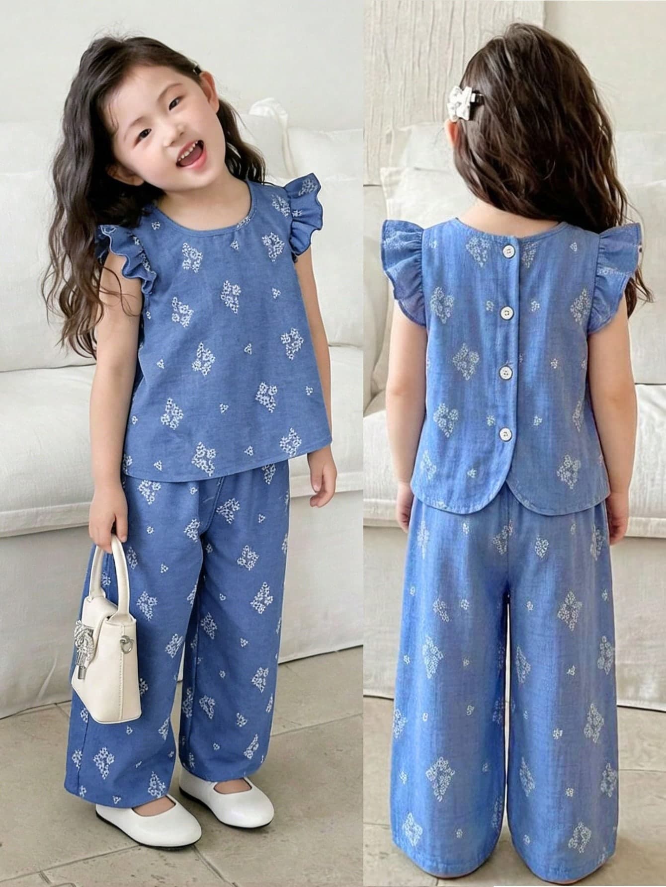 Elladie kids Young Girls Spring Summer 2-Piece Set,Family Matching Floral Print Woven Sleeveless Top & Casual Pants,Korean Style Cute Ladylike Kids Coords Outfit