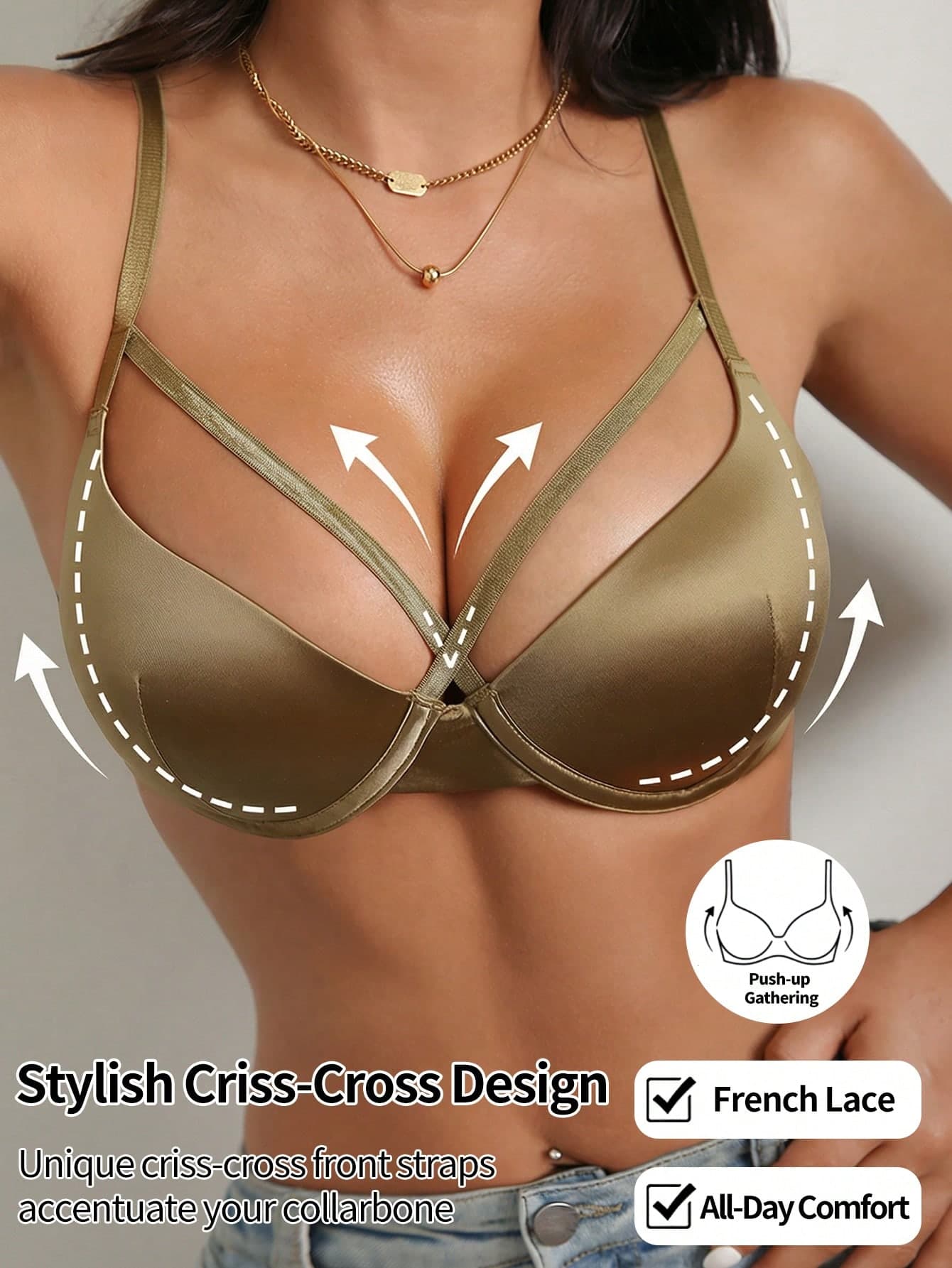 DesireSculpt 1pc High Quality Glossy Fabric Underwire Bra With Chest Band Design, Women
