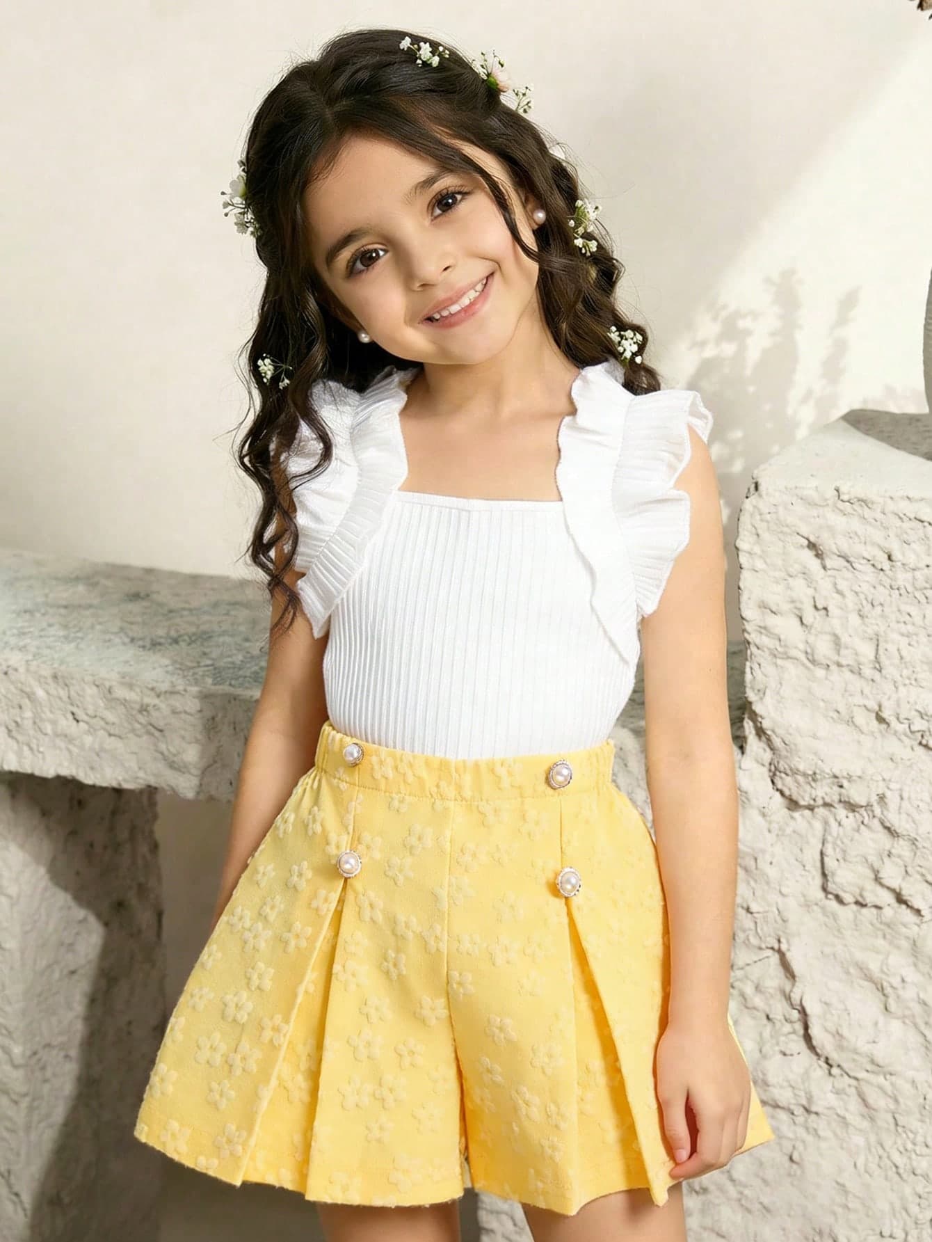 SHEIN 2Pcs Young Children Summer Clothing Set,Sleeveless Pleated Vest Knitted Pit Stripe T-Shirt Top&Pink Elastic Shorts With 3D Flowers,7th Birthday