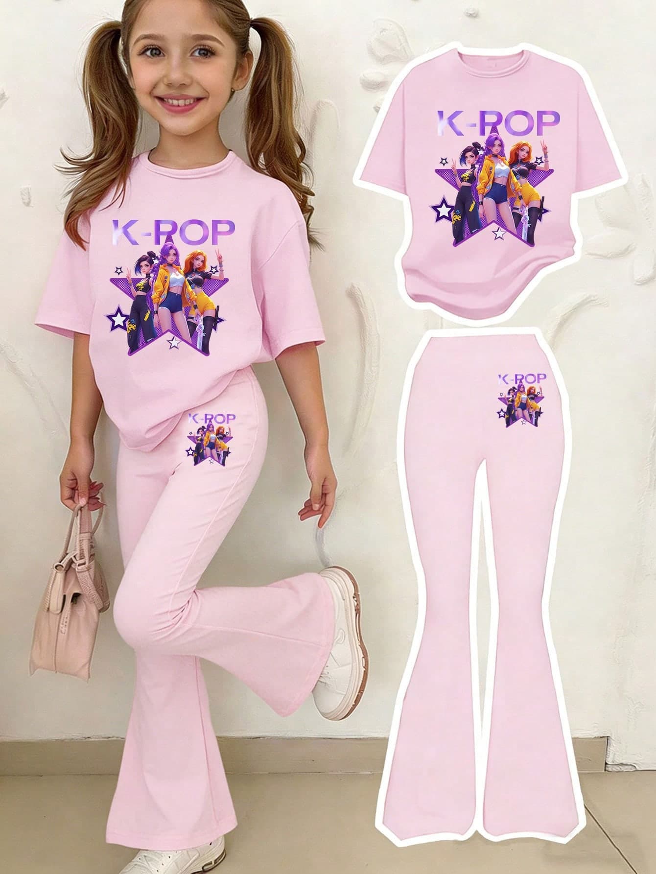 1 Set Young Girl Light Pink K-POP Cartoon Print Round Neck T-Shirt And Flare Pants Set,Casual Comfortable Summer Back-To-School Career Day Outfits