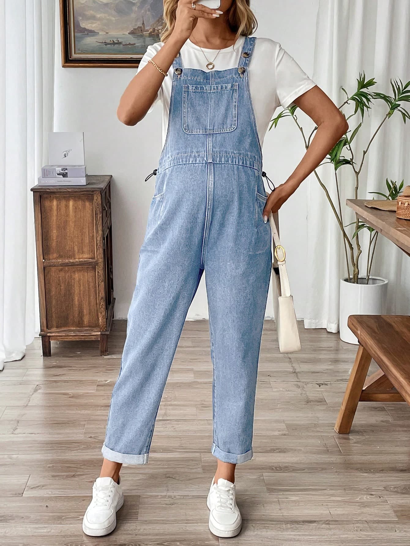 SHEIN Maternity Light Blue Denim Overalls With Rolled Hem Summer
