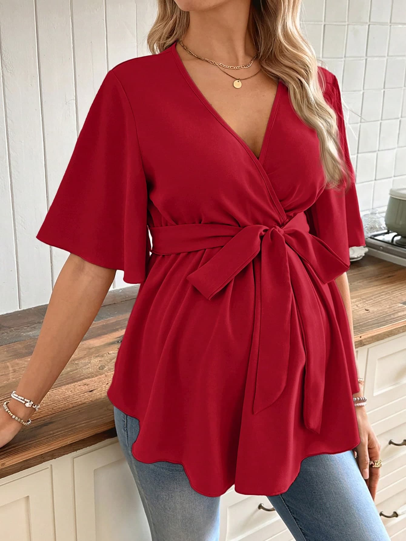 SHEIN Elegant Red Satin Maternity Blouse,Summer V-Neck Ruffle Trim Wrap Top With Belt For Women,Babyshower Pregnancy Clothes Casual Tie Waist Tops