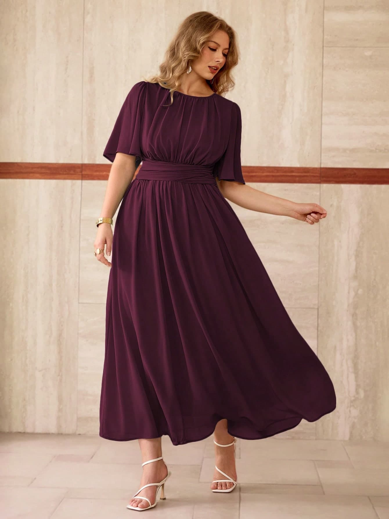 Roveilla Zanzea Plus Size Summer Burgundy Winter Elegant Wedding Maxi Dress,French Round Neck Chiffon Gathered Waist Layered Ruffle Hem Long Dress