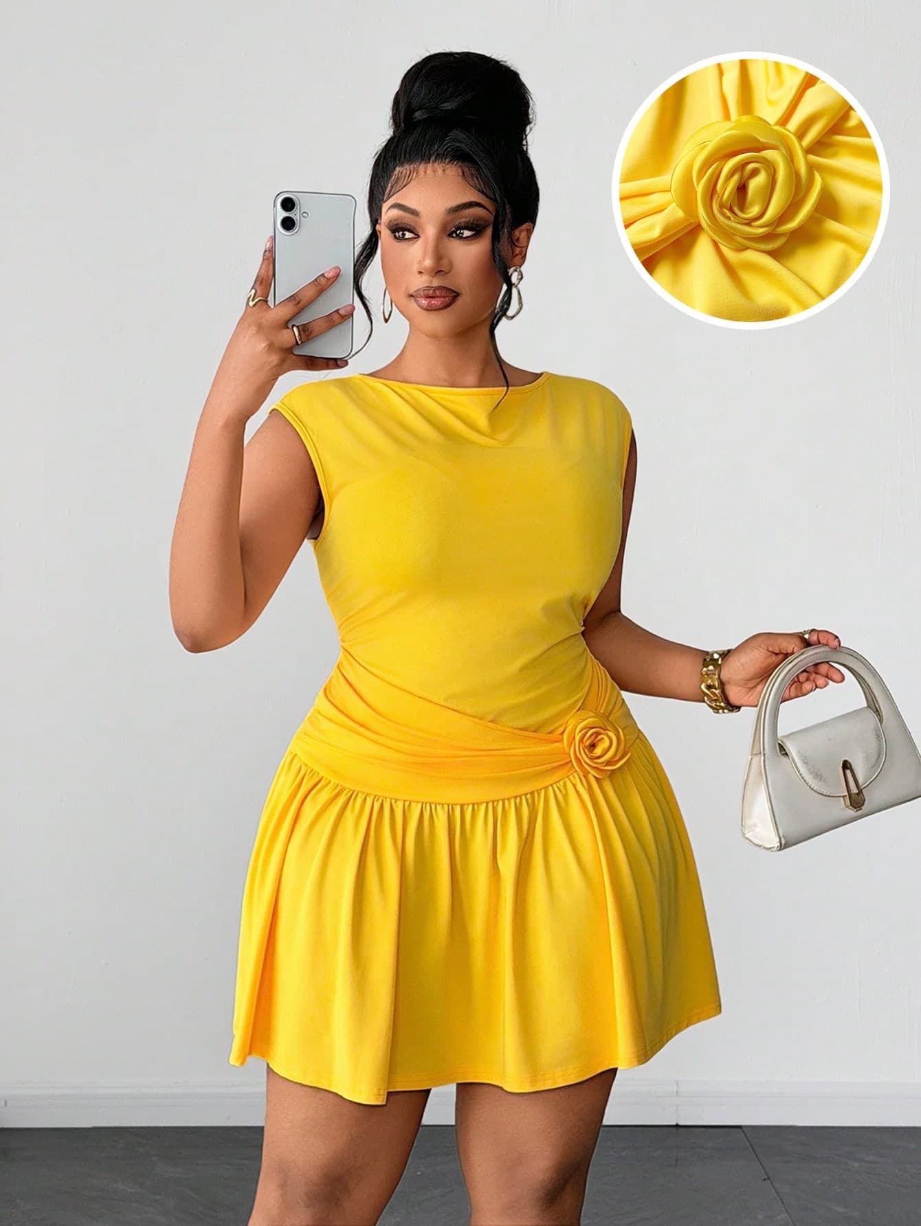 Maweii Plus Size Dopamine Lemon Yellow Sexy Chic Floral 3D Design Ruched Waist Flattering Ruffle Hem Fitted Midi Dress, Suitable For Daily Wear And Parties