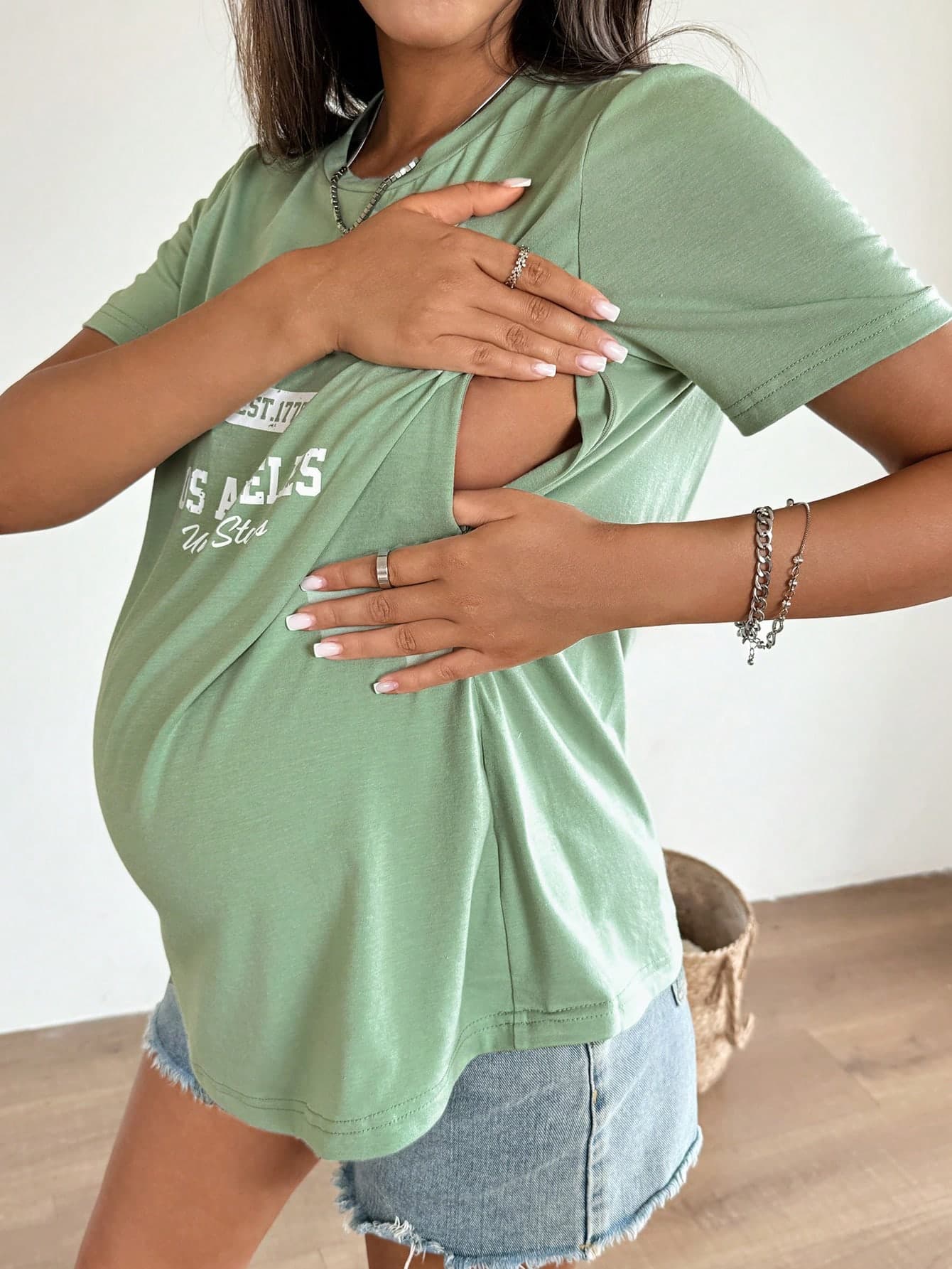Slowluna Maternity Clothes Nursing T-Shirt Spring And Summer Pregnant Green For Comfort Casual Wear Daily Commute Letter Print Short Sleeve Loose
