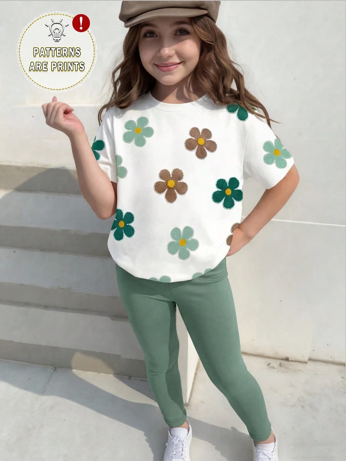 SHEIN Elladie kids 1 Set Tween Girls' White Summer Casual School T-Shirt And Leggings Set,Floral Pattern Short Sleeve Round Neck Fashion Comfortable Outfit For Daily