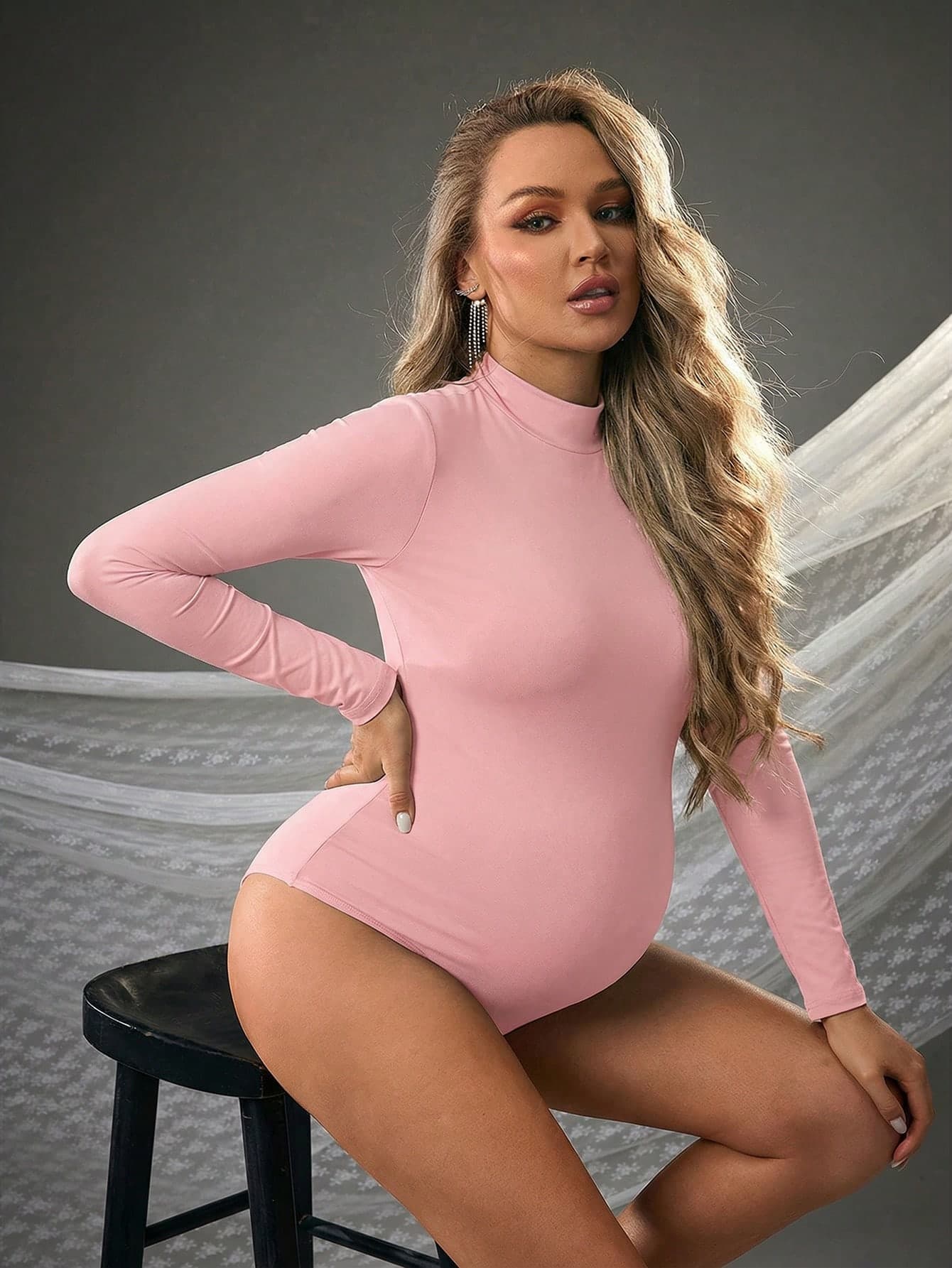 Cheriluna Maternity Maternity Pink Summer Casual Solid Color Stand Collar Long Sleeve Bodysuit For Pregnancy Photoshoot,Seamless Curve Body Suit Leotard For Women