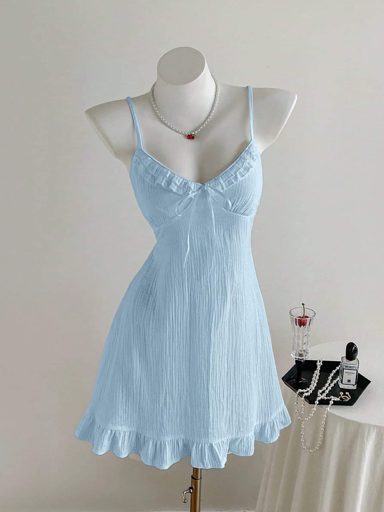 Comfortcana Women's Casual Solid Blue Color Spaghetti Strap Mini Dress, Summer,Summer Dresses For Women