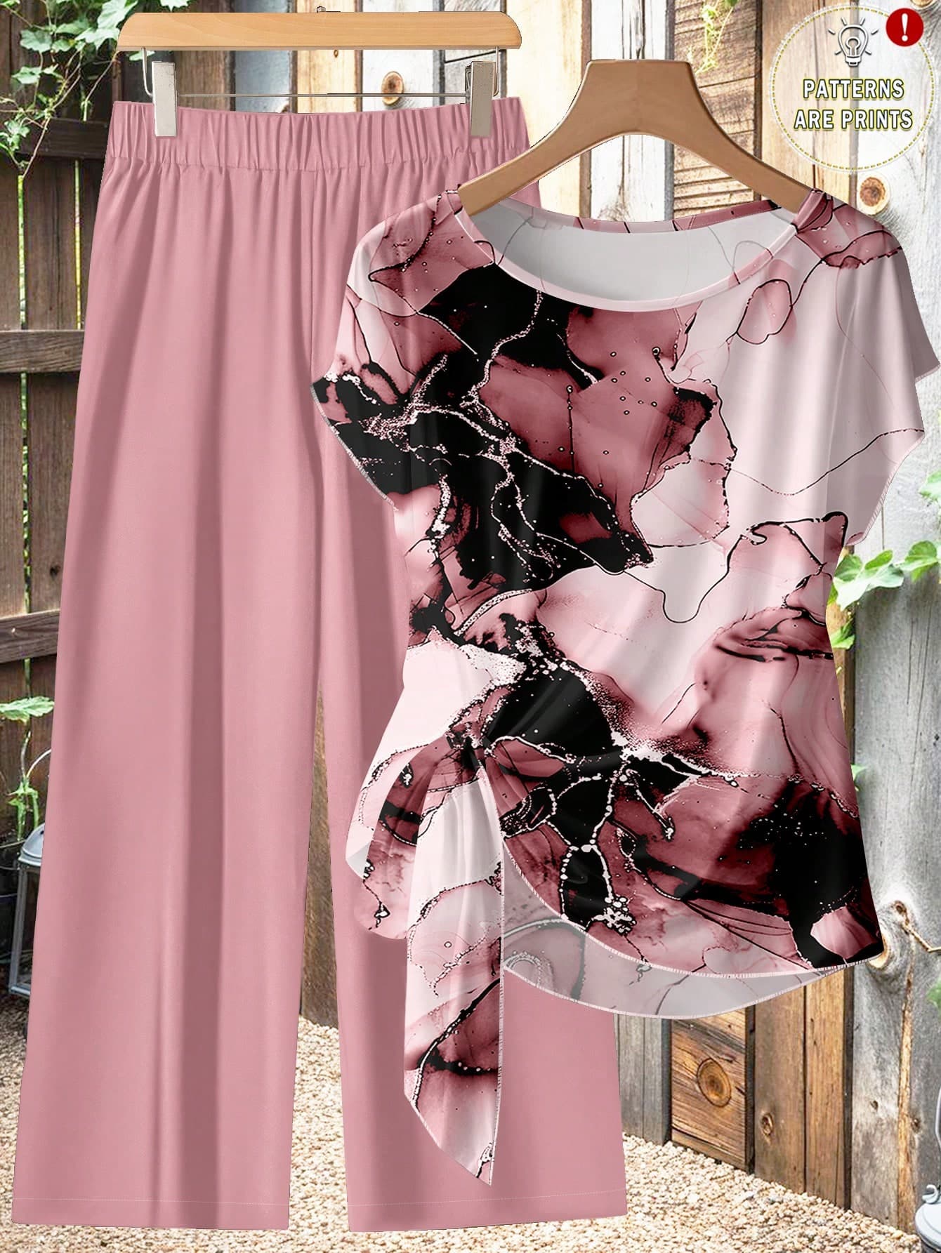 SHEIN Clasi Pink And White Women's Summer Elegant Tea Party 2-Piece Set,Abstract Floral Pattern Shirt With Tie Bow And Loose Straight Leg Pants,Retro Casual Style