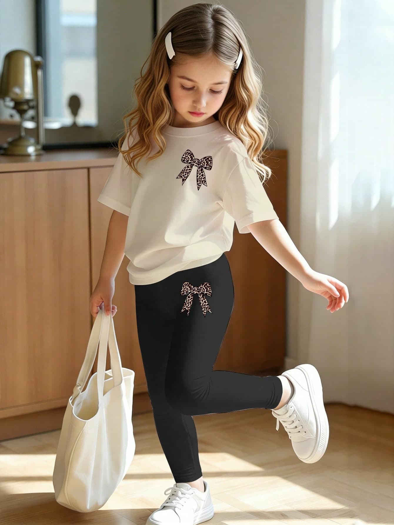Elladie kids Young Girl Summer School Casual Leopard Print Bow Decor Short T-Shirt And Leggings Set,Creative Minimalist Refreshing Cute Daily Wear Outfit,2pcs