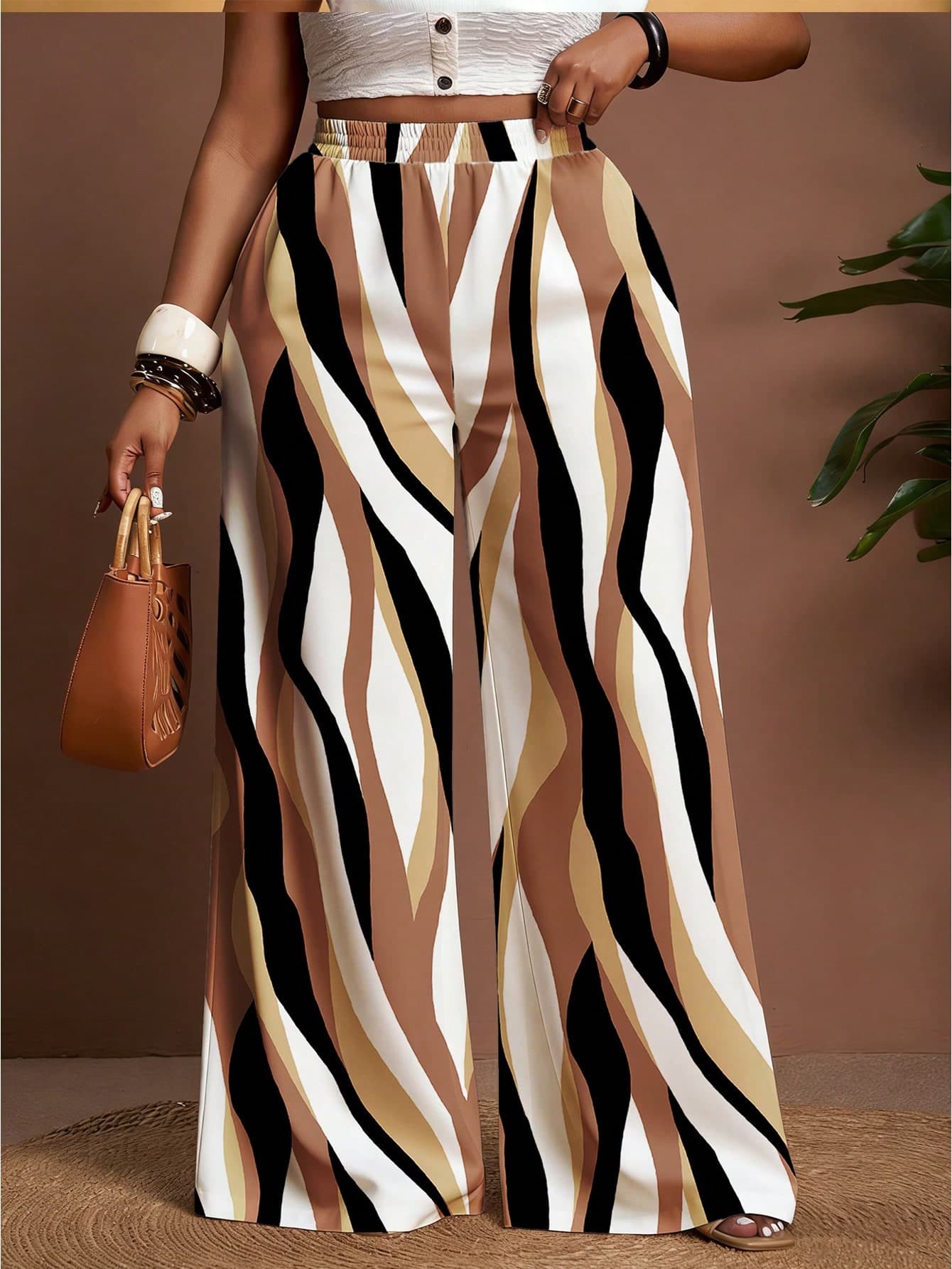 Veslaya Plus Size Women Elastic Waist Color Block Casual Loose Fit Wide Leg Pants, Versatile For Daily Wear Vacation High Classy Palazzo Fall