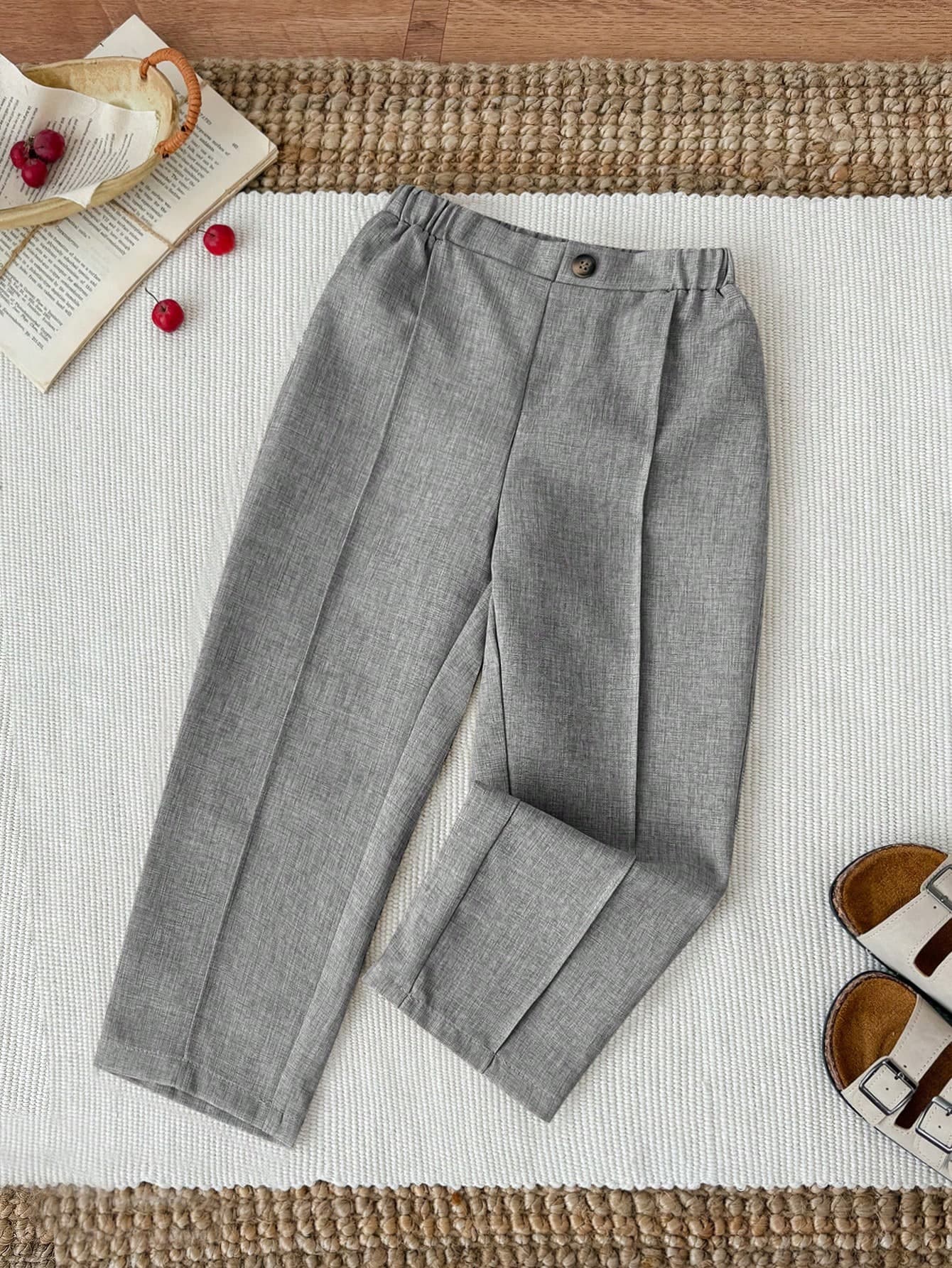 SHEIN Young Boy Toddler Comfortable Casual Fashionable Apricot Color Pants,School Bottoms,Back To Uniform Formal For Kids Boys Suits Grey Trousers