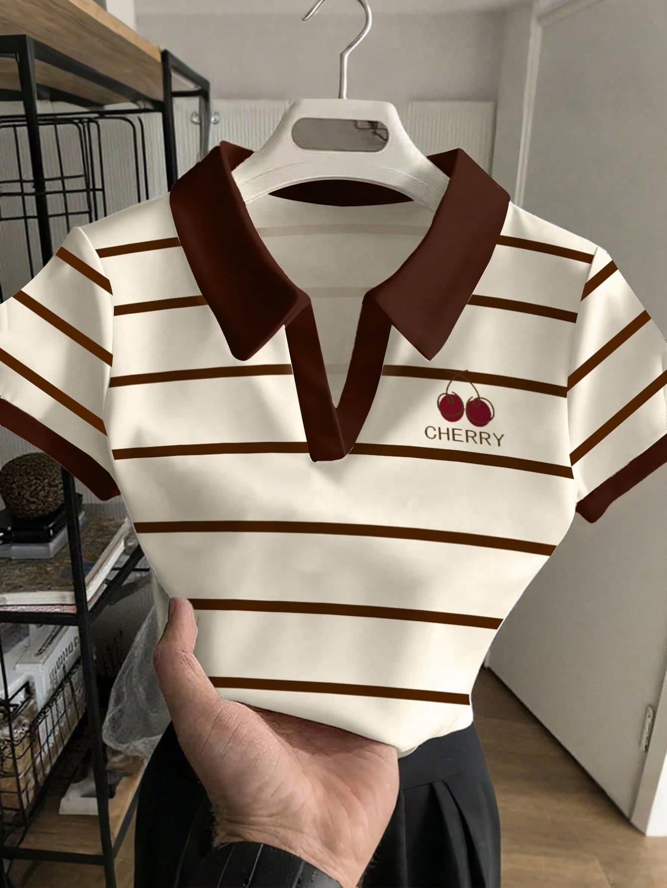 Teen Girl Allover Print Polo Shirt,Brown Contrast Striped Cherry Print Short Sleeve Casual Slim Fit Top,Cute Summer Holiday Back-To-School Retro Top