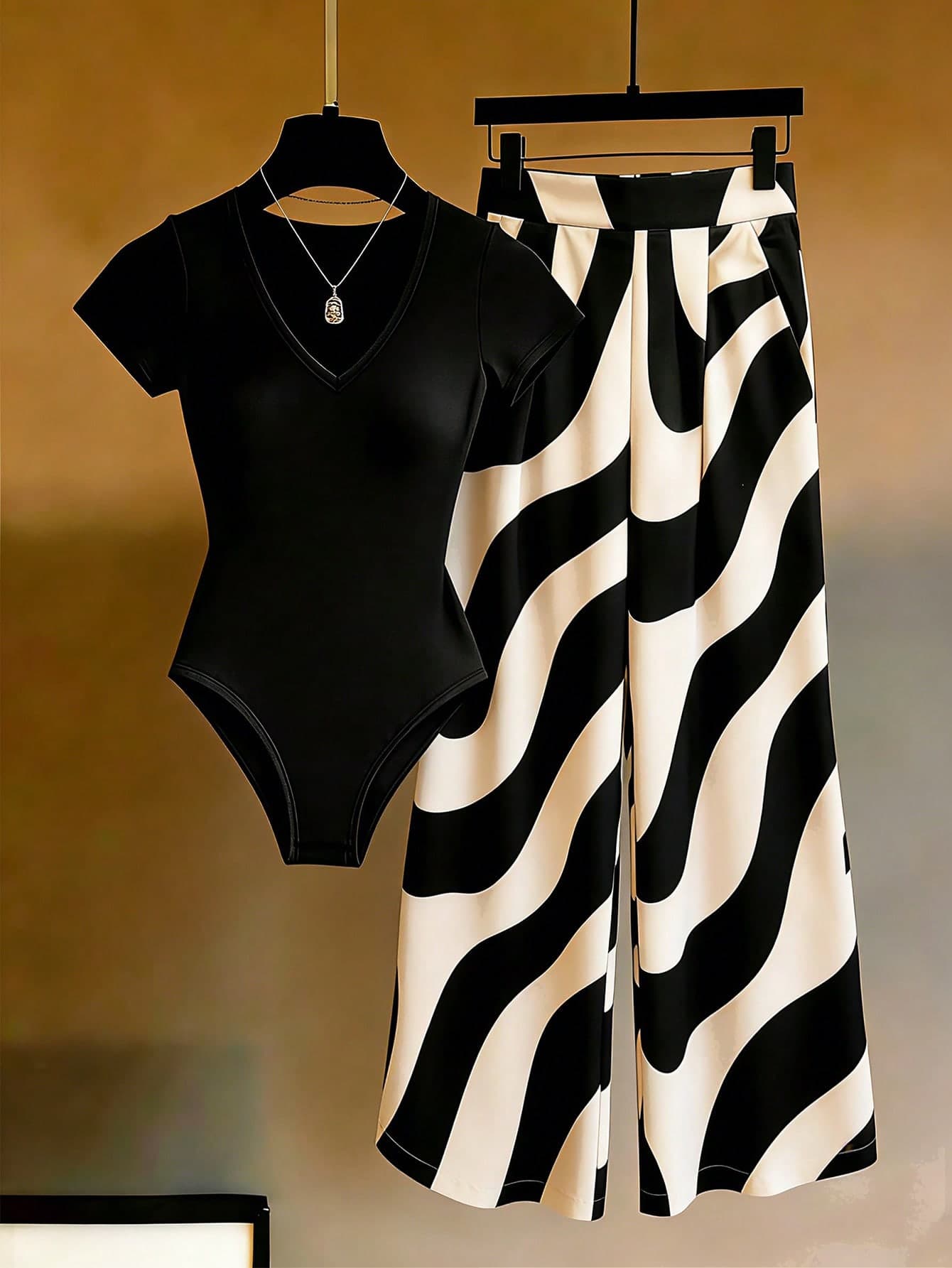 Franclia Women's Summer Two-Piece Set,Black Bodysuit With Black And White Striped Zebra Print Pants,Elegant Vacation Outfits,Casual Brunch Beach Outfit Sets