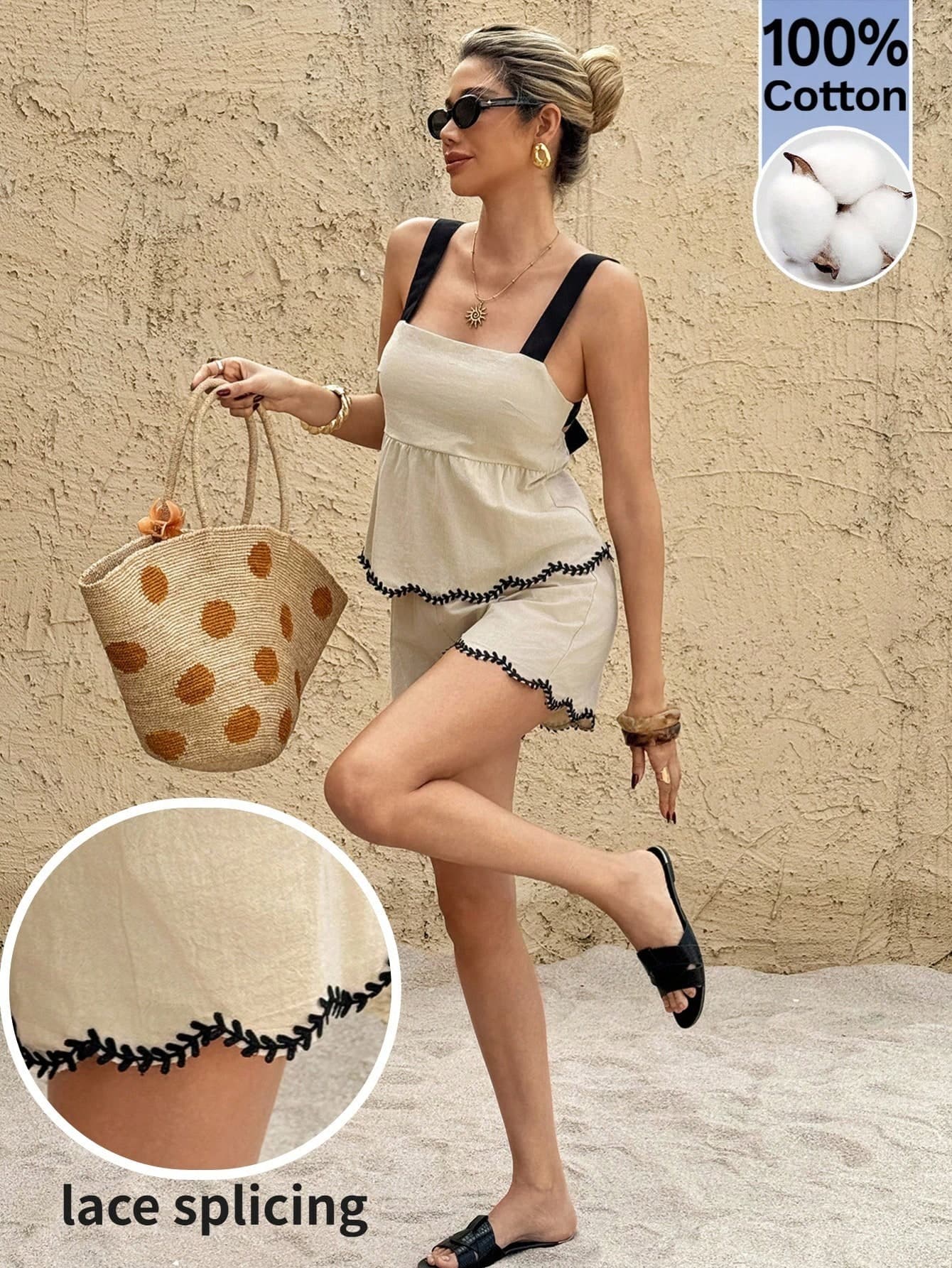 SHEIN Frenchy Apricot Woven Fabric Two Piece Set Casual Straps Camisole And Mini Shorts Sleeveless Colorblock Knot Details Women Outfit
