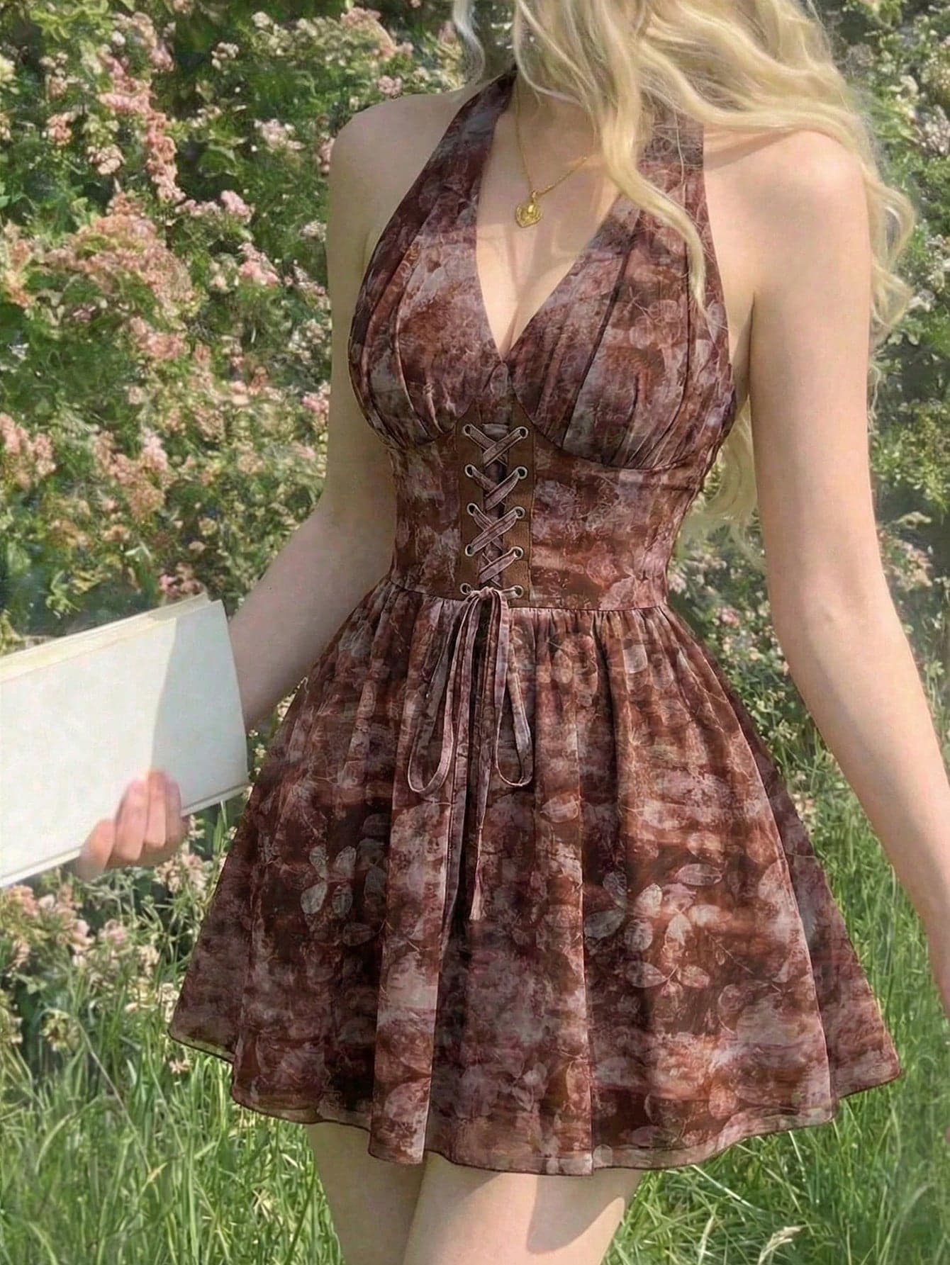 Skyraze Women's Fashion Brown Floral Tie-Up Halter Backless Mini Dress,Summer Cottage Core Picnic Vacation Retro Vintage Milkmaid French Style Floral Dress