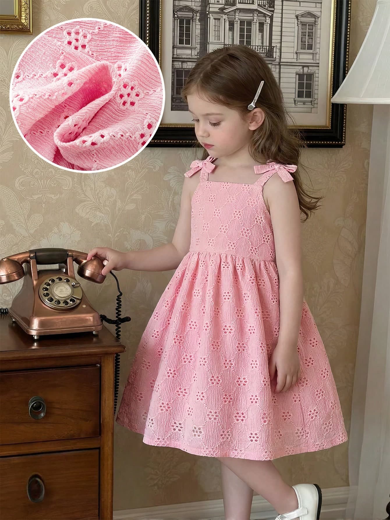 Elladie kids Girls Pink Summer Knitted Jacquard Fabric Bow Tie Spaghetti Strap Square Neck Slip Dress Fairy Party Christening Elegant Vacation Cute Sweet Outfit