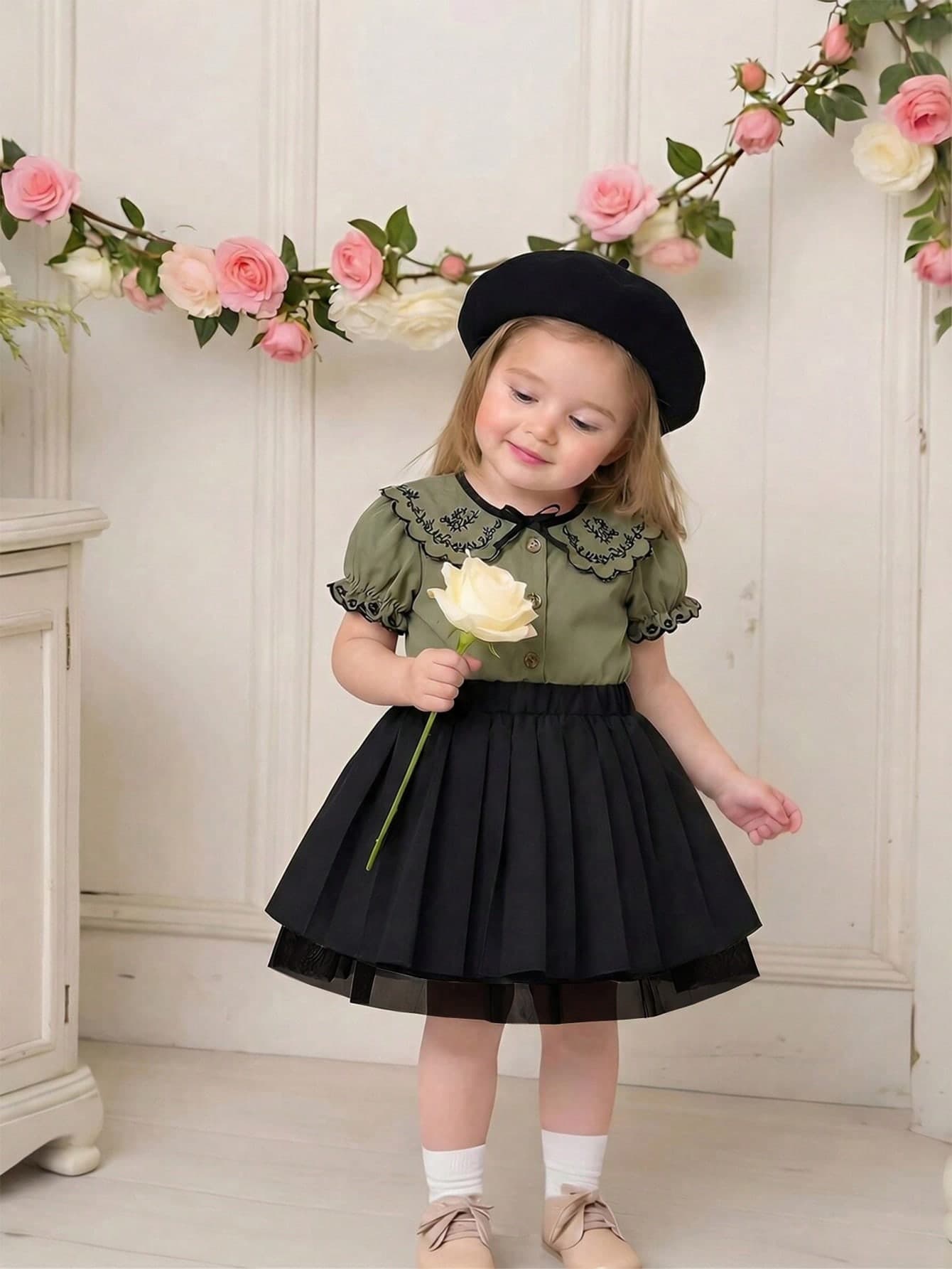Souflis Souflis 2025 Summer New Baby Girl Vintage Embroidered Peter Pan Collar Short Sleeve Top + Black Skirt