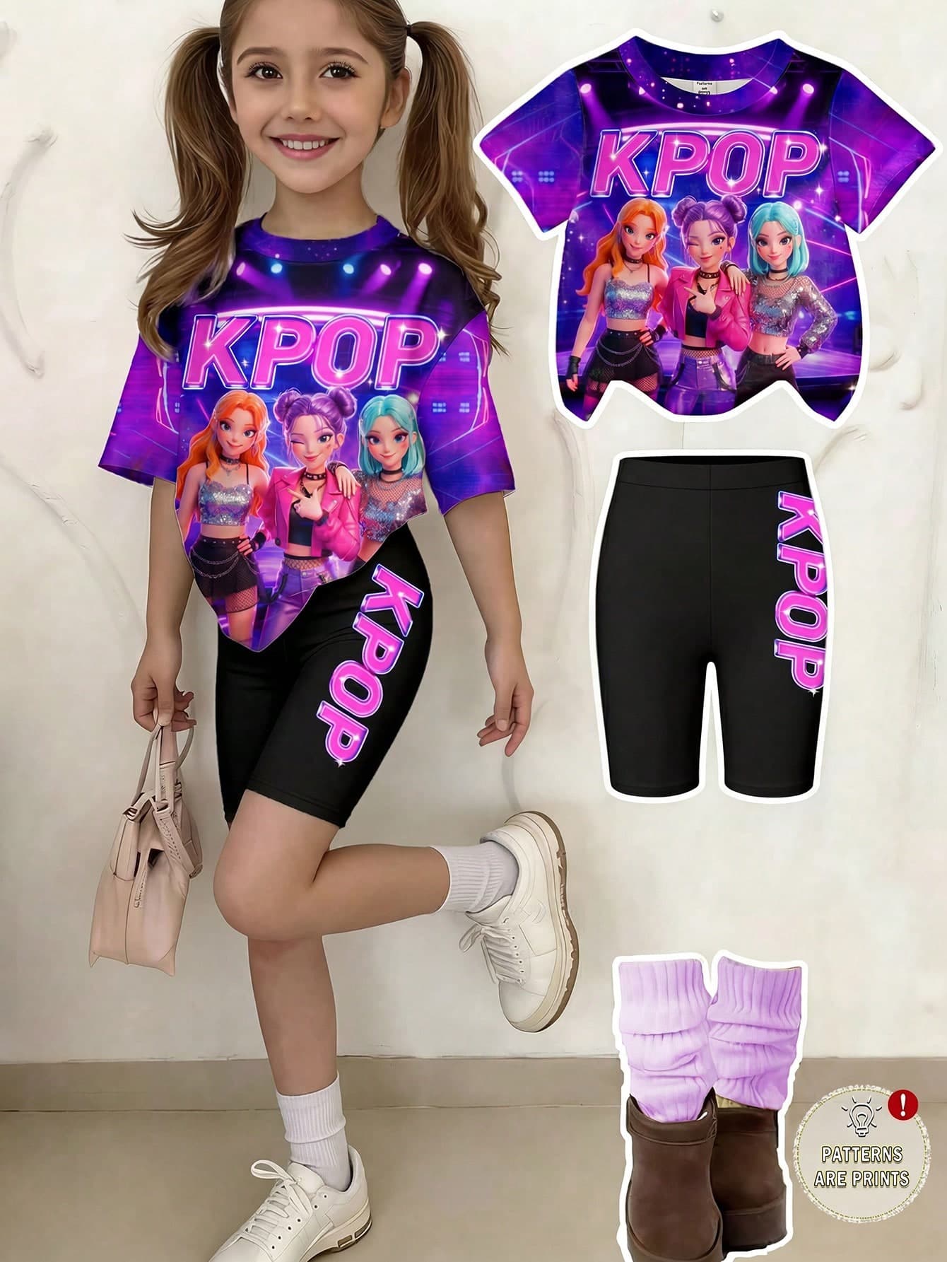 Young Girl Casual Cartoon Print T-Shirt And Shorts Set, Summer