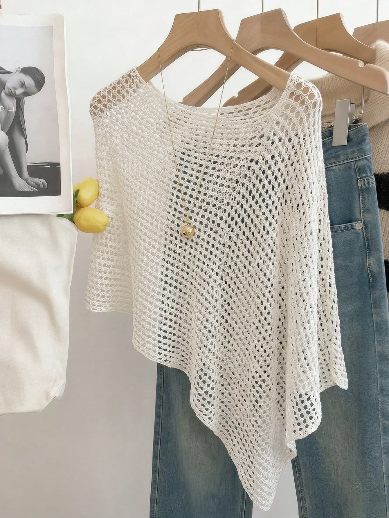 SHEIN Holidaya Women's White Summer Casual Holiday Vacation Asymmetric Hem Hollow Out Crochet Knit Top,Beach Mesh Cover Up,Knitted Blouse,Solid Color Outfits Tops