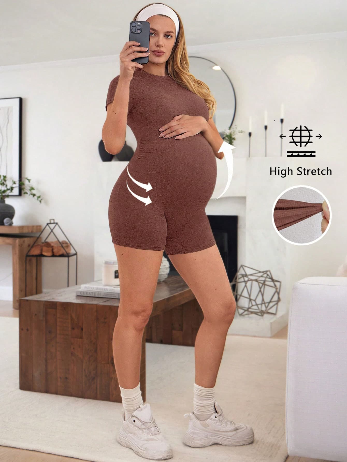 SHEIN Pregnant Women Solid Color Round Neck Short Sleeve Casual Jumpsuit Pregnancy Summer