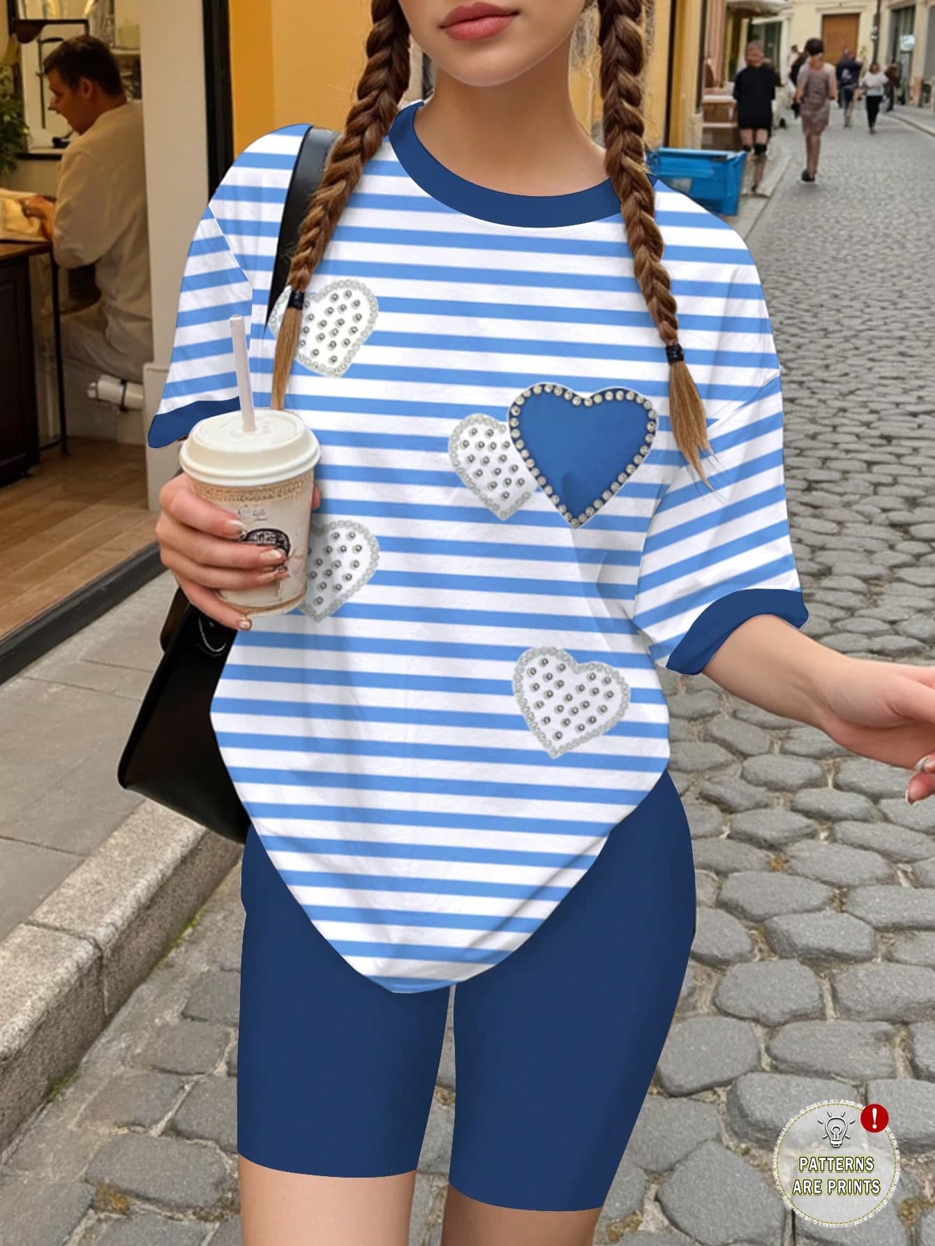 Teen Girl Classic Striped Star Print Loose Casual Color Block Tee & Shorts 2-Piece Set,Y2K Style Kids' Cozy Daily Fashion Summer Streetwear Holiday