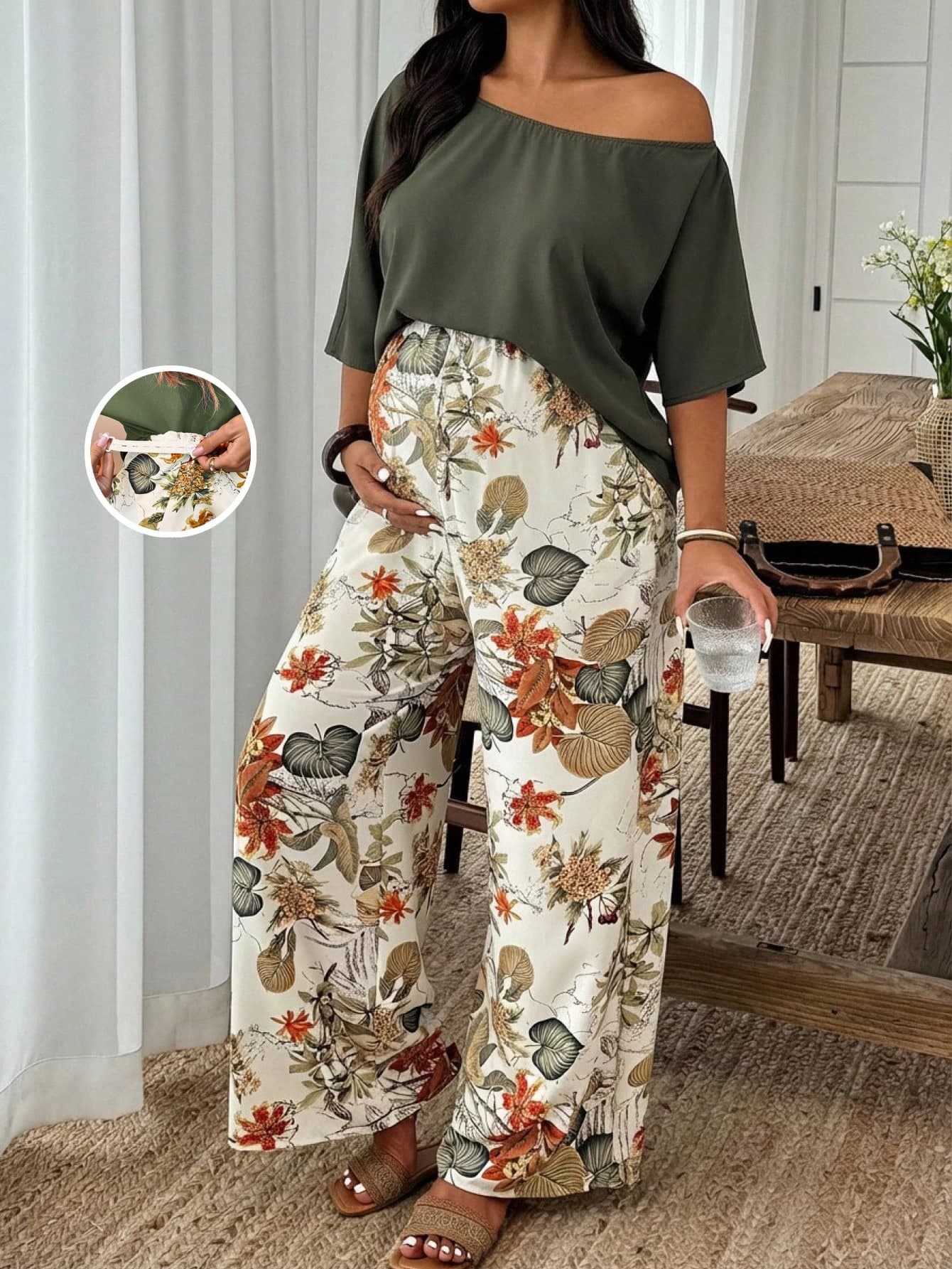 SHEIN Maternity Olive Green Summer Casual 2-Piece Set,Women's Vacation Off-Shoulder Shirt & Tropical Plant Pattern Pallazo Pants,Spring Co Ords Outfit Set