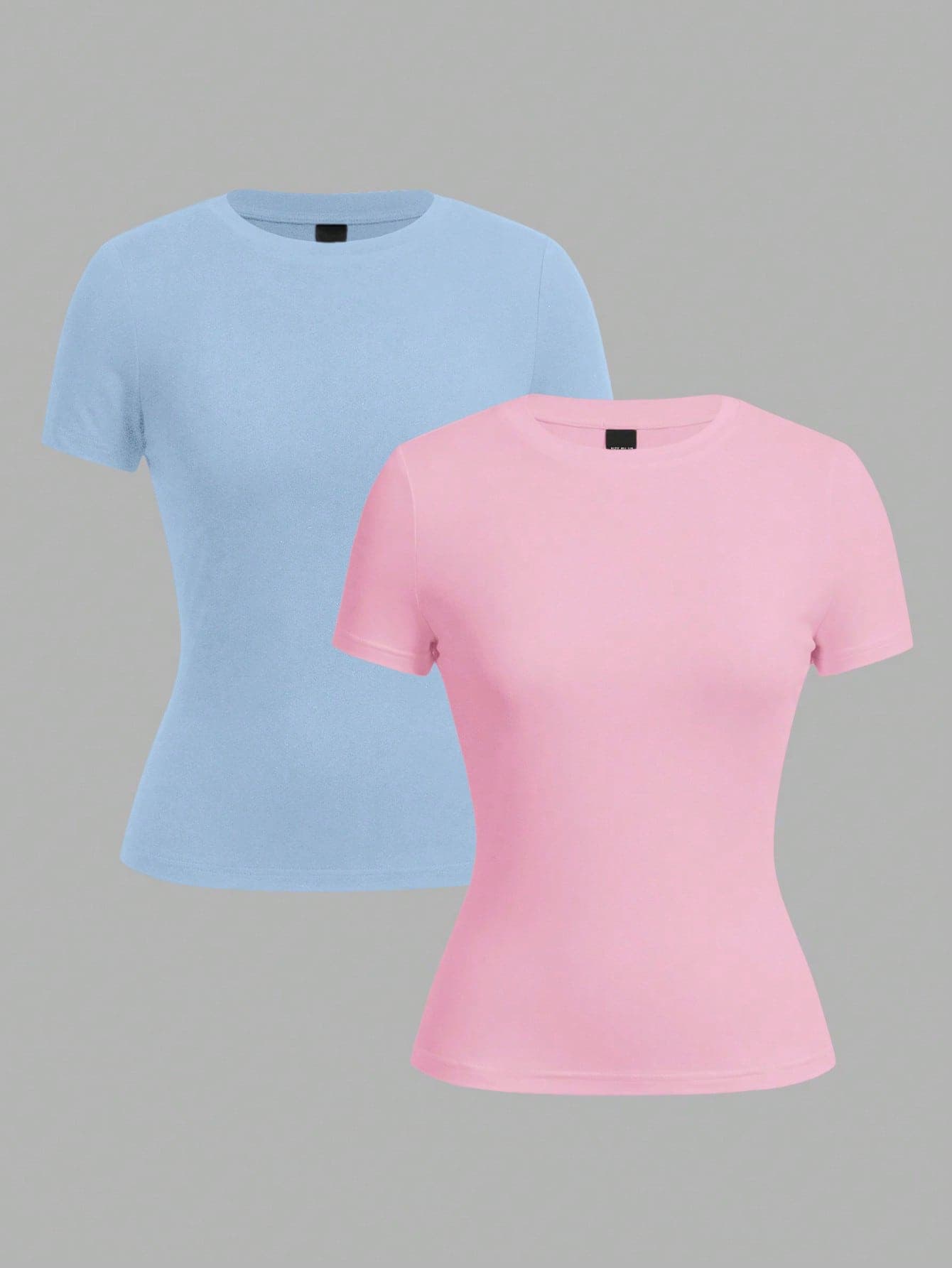 SHEIN EZwear 2pcs/Set Casual Minimalist Sky Blue & Pink All-Match Round Neck Short Sleeve T-Shirts, Versatile For Spring/Summer Matching,Summer Top