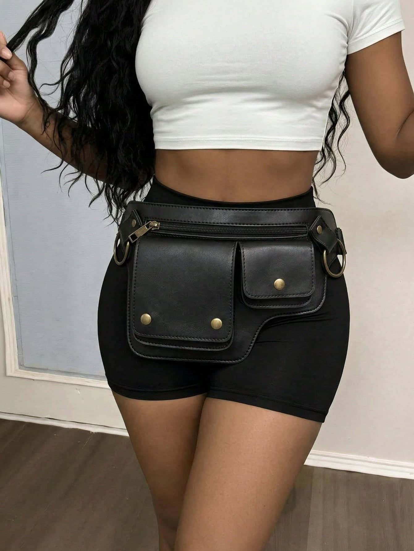 Rovax Punk Style Waist Bag, Retro PU Leather Belt Bag, Outdoor Sports Travel Sling Bag, Retro Outdoor Cycling Bag, Multi-Function Storage Bag, Phone Bag, Cool Punk Motorcycle Style Waist Bag, Retro PU Leather Belt Bag - Avant-Garde Punk Style Design, Adjustable Waist Bag, Multiple Card Slots, Magnetic Buckle