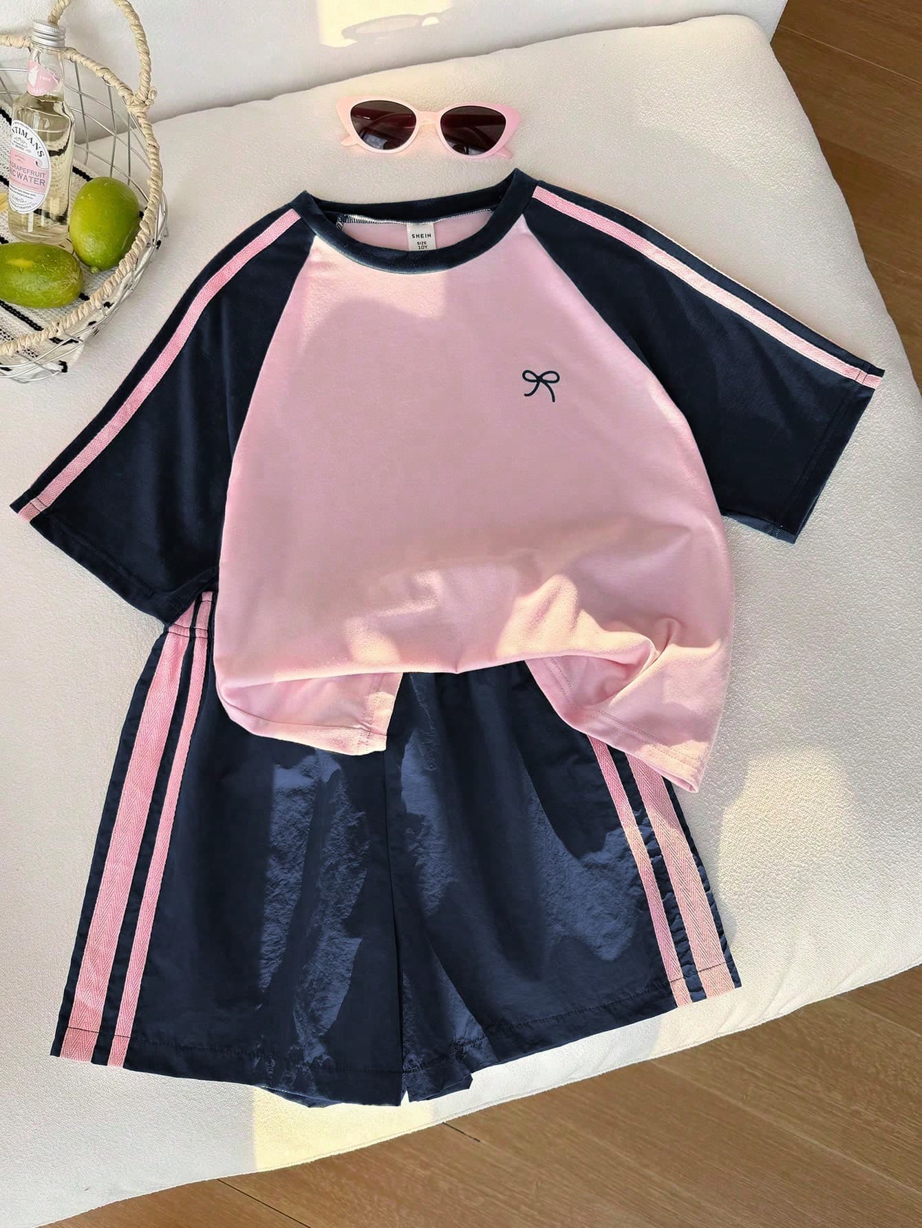 Elladie kids Tween Girls Colorblock Short Sleeve T-Shirt And Shorts Set,Sports Style,Pink And Navy Blue,Summer Casual School Daily Wear,Lightweight Loose Fit