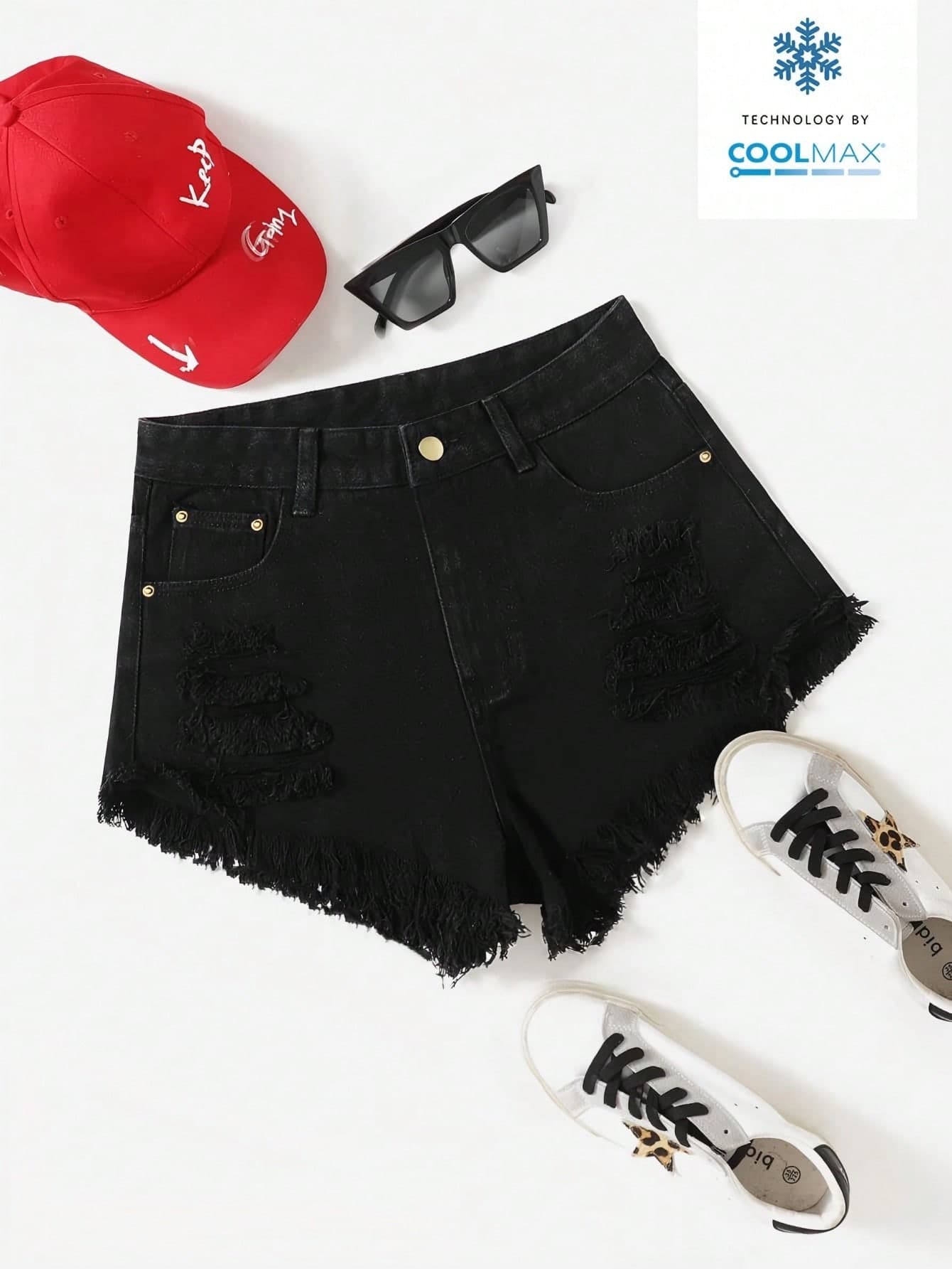 SHEIN Essnce Women's Solid Color Minimalist Streetwear Casual Denim Shorts Black Jean Shorts Day Summer