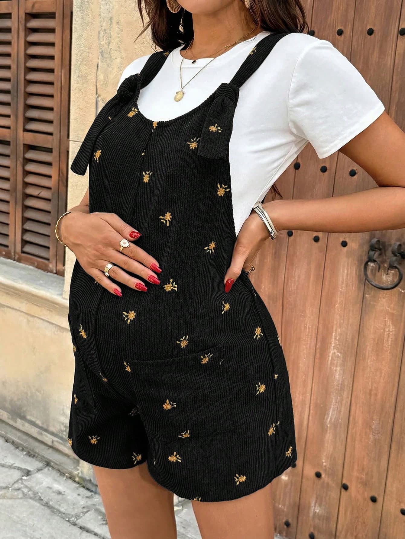 SHEIN Pregnant Women's Summer Casual Vacation Floral Embroidery Corduroy Tie Strap Romper
