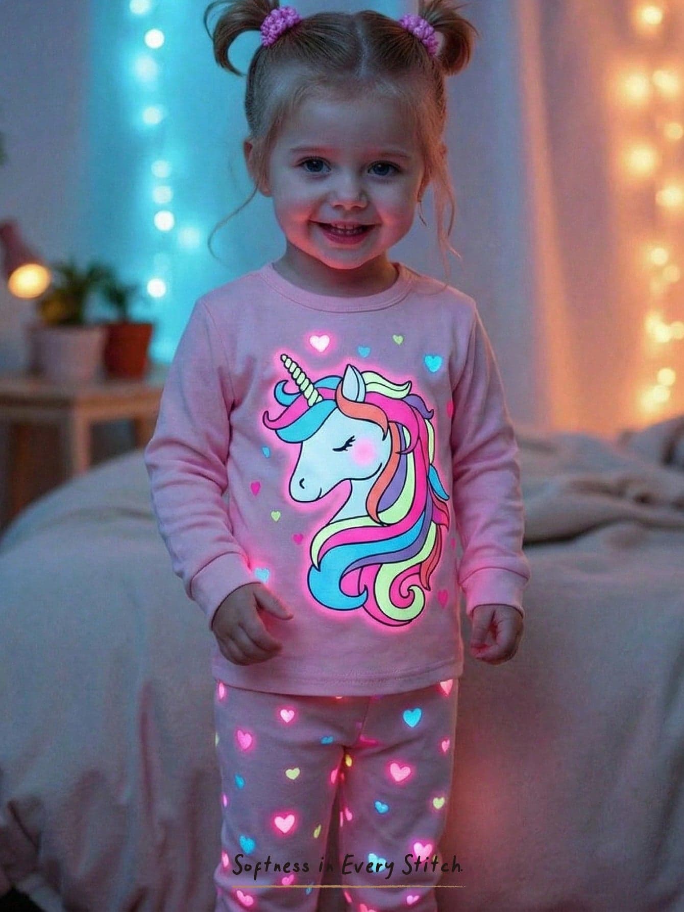 Cozy Pixies Baby Girl Snug Fit Pajama Set,Pink,Autumn,Cute,Sleep Cartoon Animal Unicorn Glow-In-The-Dark Soft Knit Short Sleeve Top&Elastic Waist Leggings,2-Piece