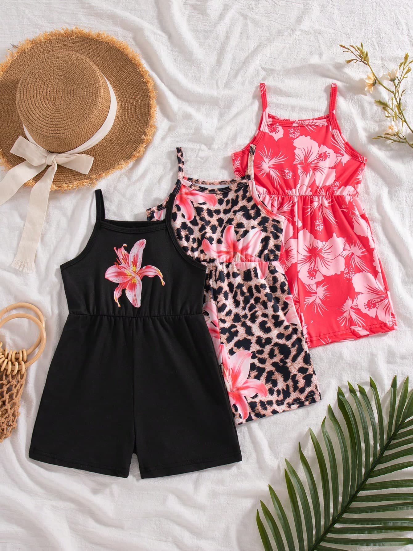SHEIN Playful Pals 3pcs/Set Toddler Girls' Summer Black Floral Print Solid Color Romper Jumpsuit,Minimalist Fashionable Holiday Vacation Outfits Beach Island Style