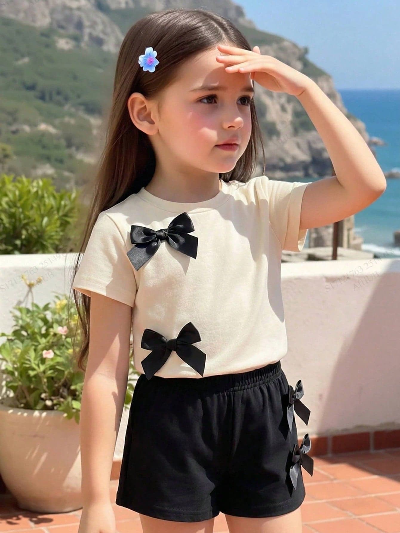 SHEIN 2pcs/Set Toddler Girls' Casual Sweet Daily Round Neck Short Sleeve Cropped Tee With 3D Bow Decor And Elastic Waist Shorts