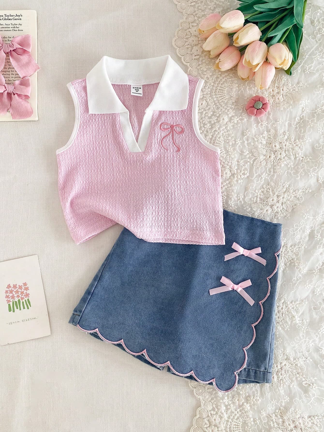 Elladie kids Back-To-School Toddler Girls 2-Piece Set,Light Pink Textured Knit Tank Top With Bow Embroidery Denim Skort With Scalloped Edge,Girls Outfit Sets