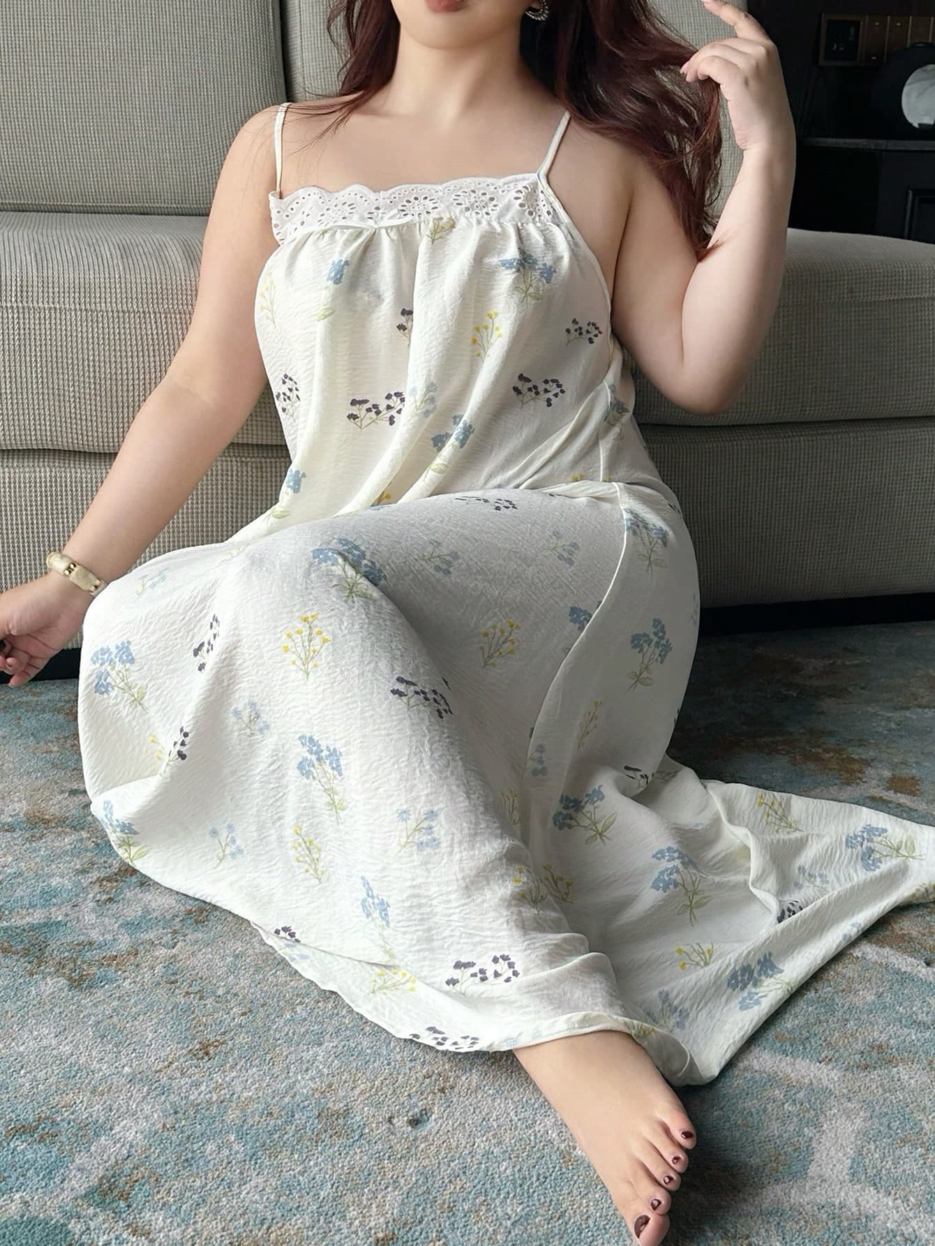 Dazy Plus Casual Floral Print Patchwork Trim Camisole Plus Size Women Spring/Summer Nightgown Pajamas