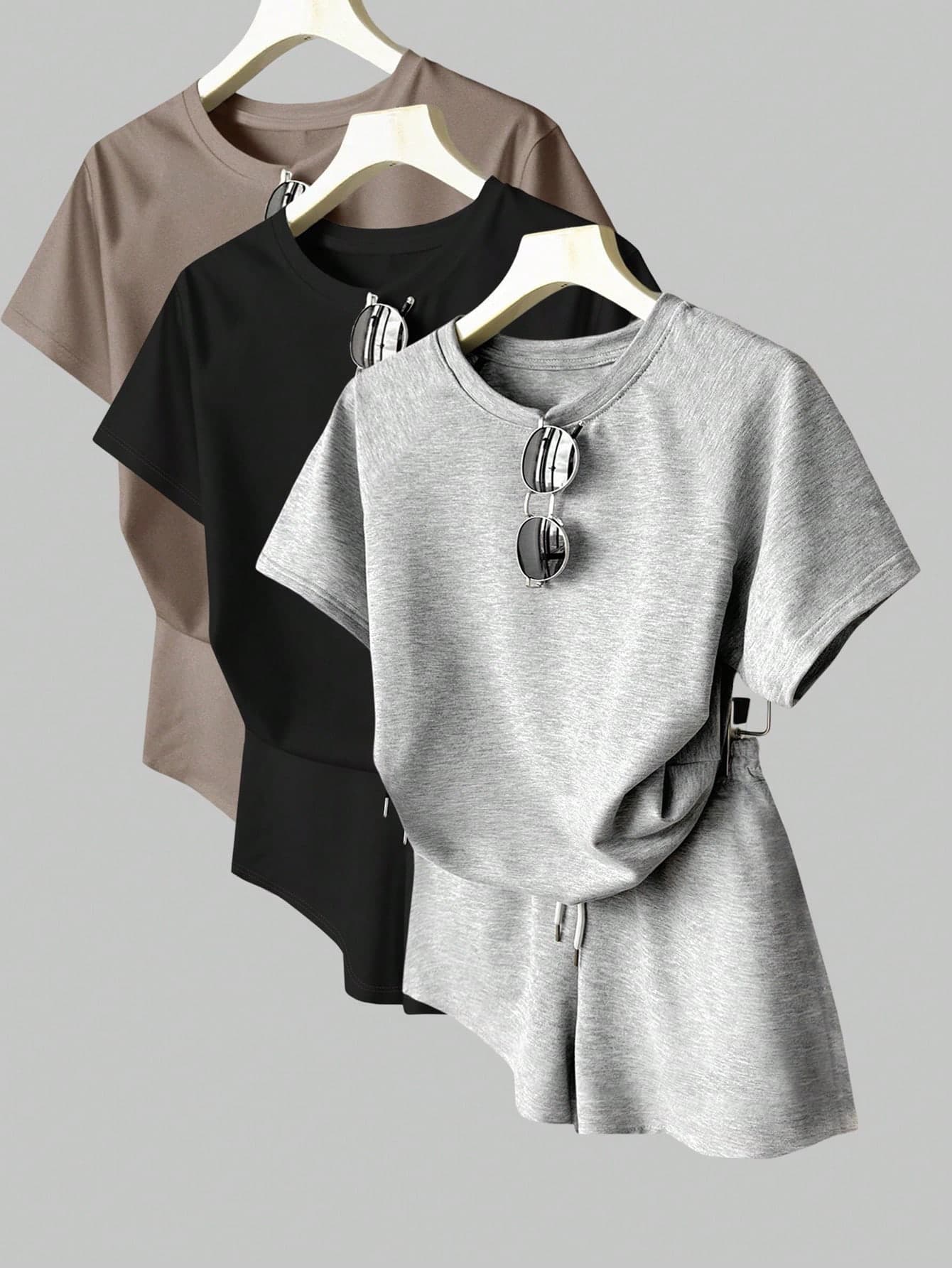 Resyla Women's Solid Color Regular-Shoulder Loose T-Shirt And Shorts Set