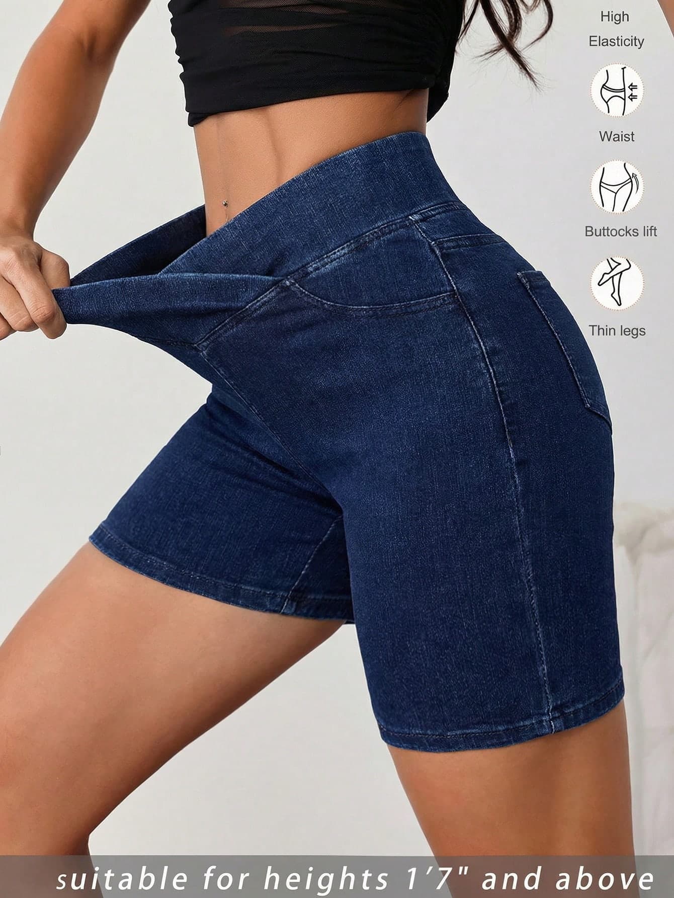 SHEIN Tall Women's Y2K High Waist Biker Denim Shorts Dark Blue Crossover V-Waist Tummy Control Stretchy Summer Outfits Pocketed Casual Versatile Daily Wear, Tall Women