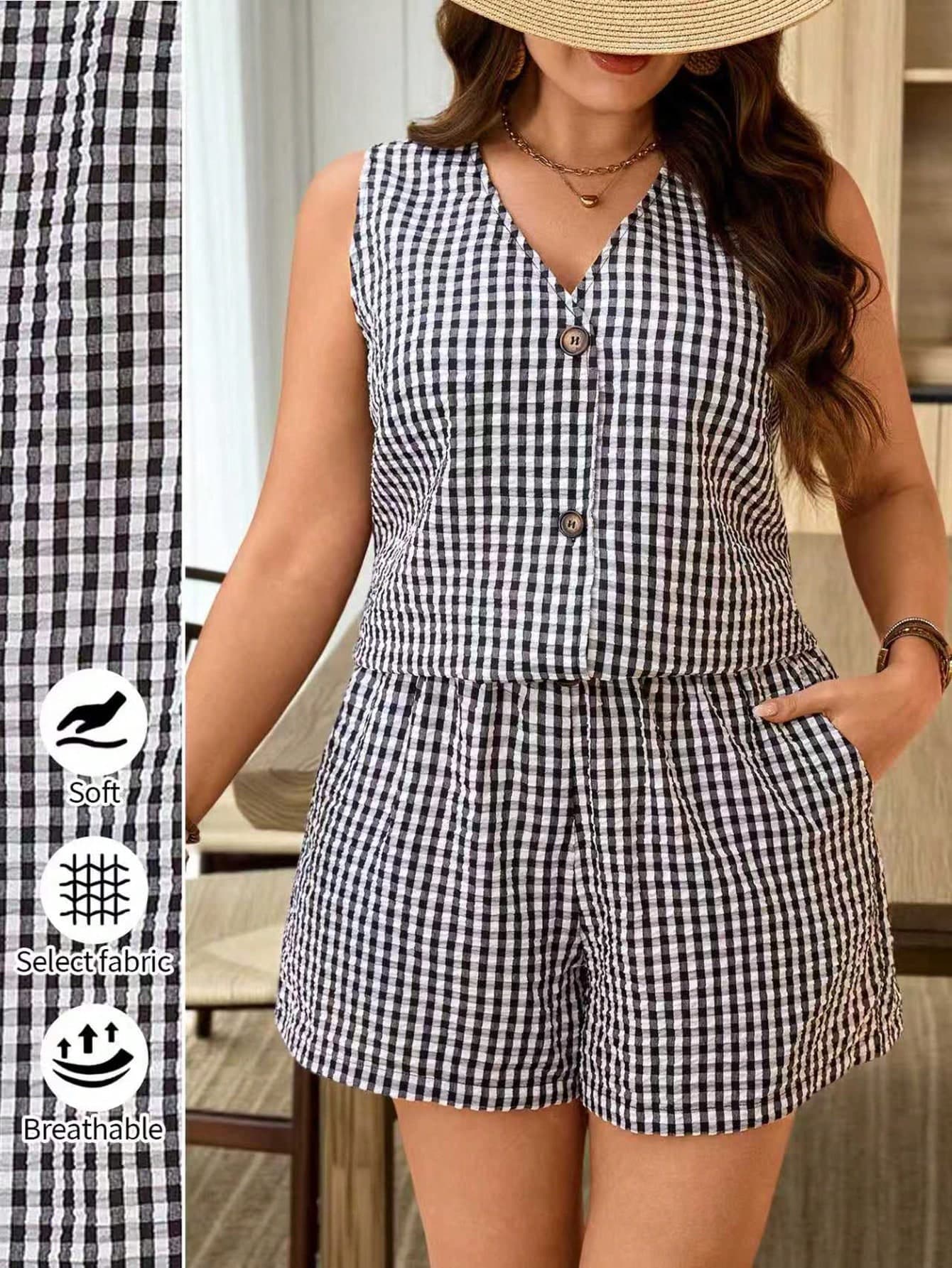 SHEIN LUNE Plus Size Women's Shorts Set,Sleeveless V-Neck Black & White Plaid Crop Top,Summer Vacation Holiday 90s Elegant Gingham Rompers Outfit,Tummy Control