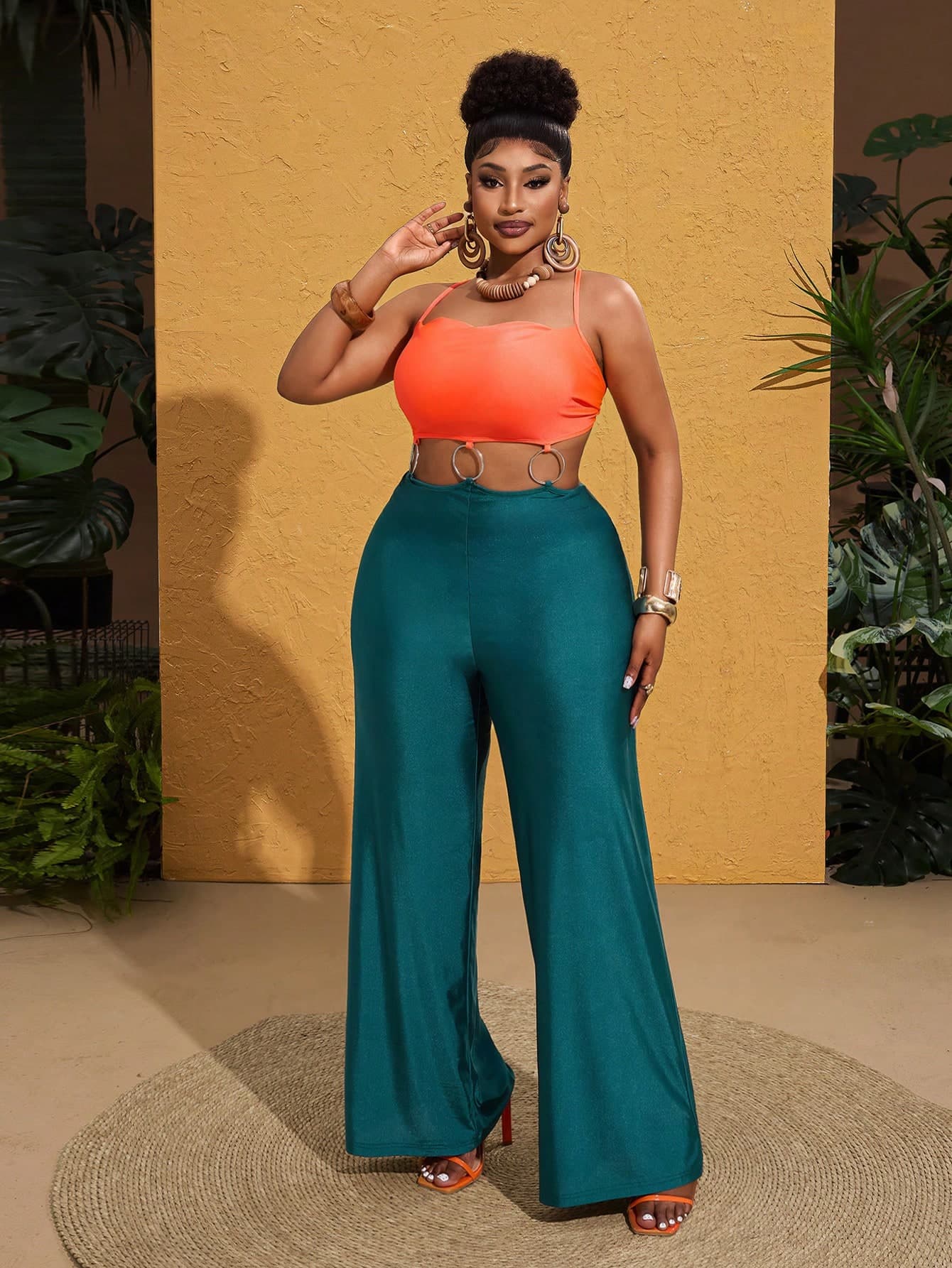 Maweii Plus Size Women Orange & Green Contrast Color Camisole Crop Top + Hollow Metal Ring High Waist Wide Leg Jumpsuit