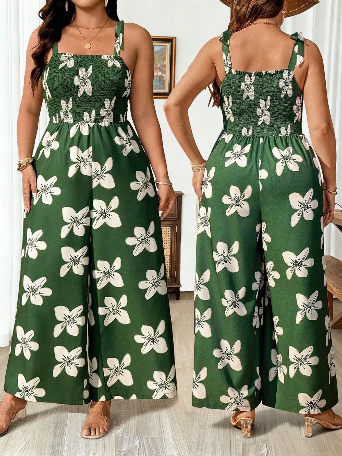 Weeklong Plus Size Women Floral Print Pleated Casual Jumpsuit,Sage Green Summer Boho Elegant Vacation Holiday Outfit,Wide Leg Matching Sets Resort Wear