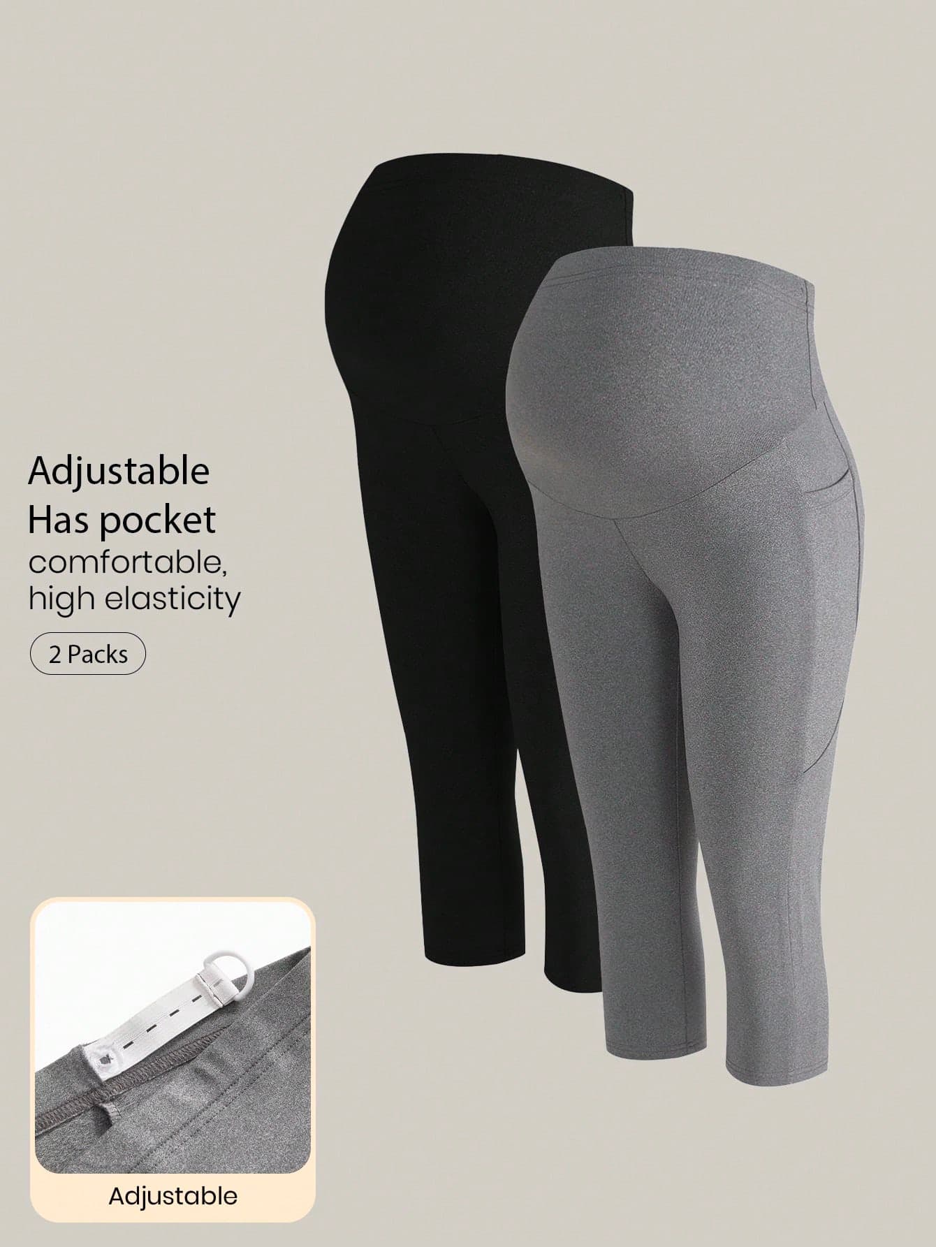 Modmama 2-Pack Of Black And Gray Adjustable Waist Casual 3/4 Length Maternity Leggings, Pants, Women's Stretch Yoga Pants(With Pockets)