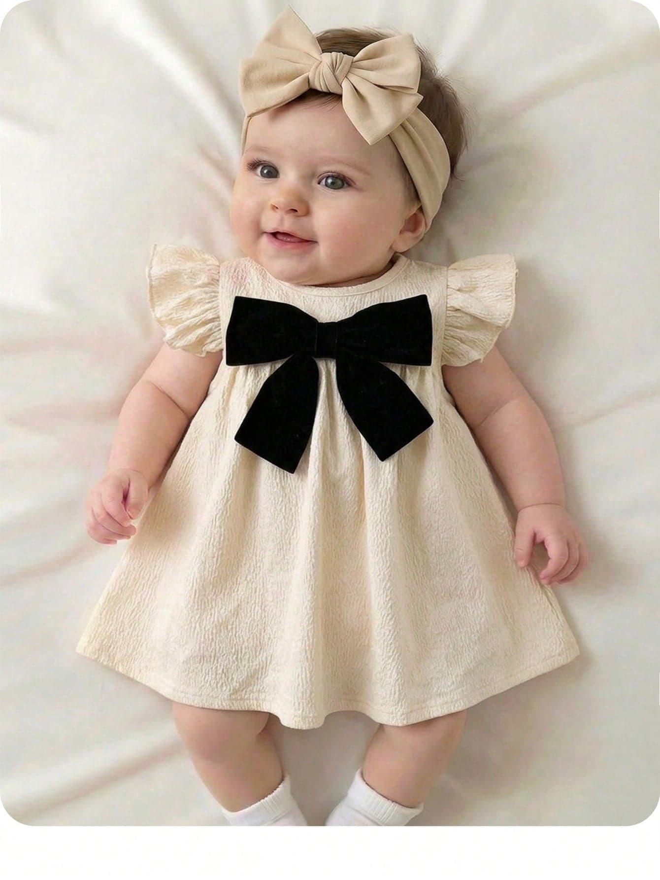 Newborn Baby Girl Elegant Cute Apricot Textured Bow Decor Short Sleeve Dress Vintage Cream Ivory Beige Dresses For Girls,Kids