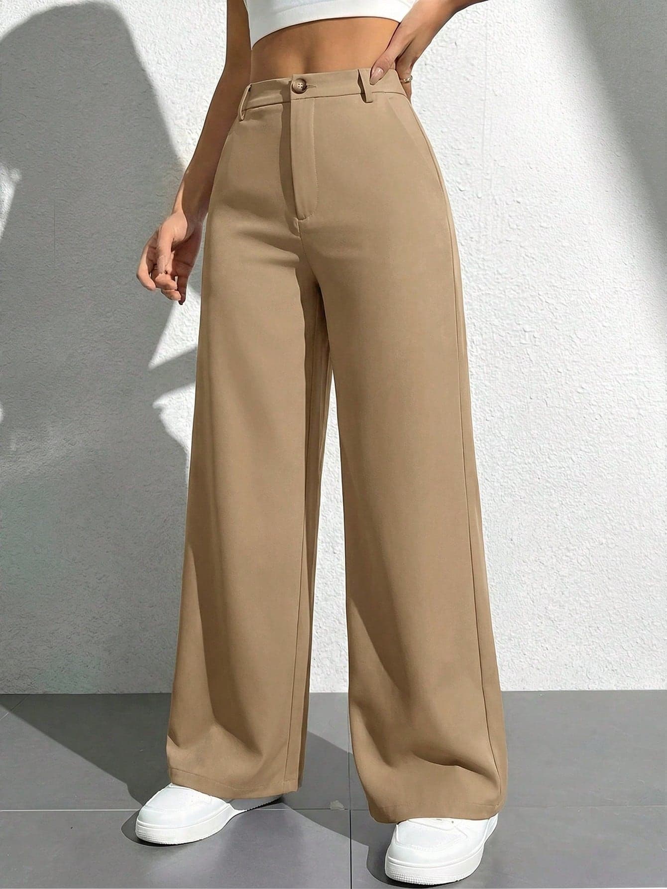 SHEIN PETITE Women's Casual Versatile Commuter Solid Color Straight Leg Pants ,Petite Women