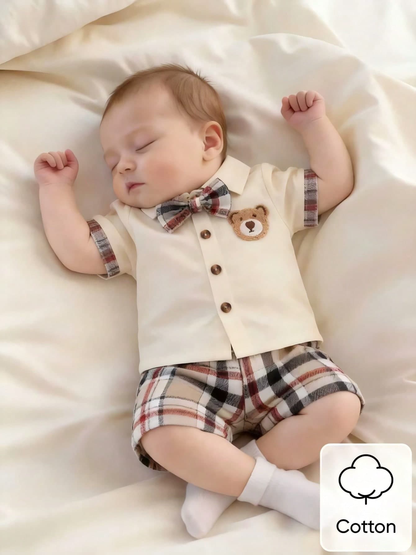 SHEIN 3 Pieces Newborn Baby Boy Clothes Summer Cute Beige Family Matching Plaid Outfit Woven Fabric Bear Shirt Bow Tie And Shorts For Baby Photoshoot